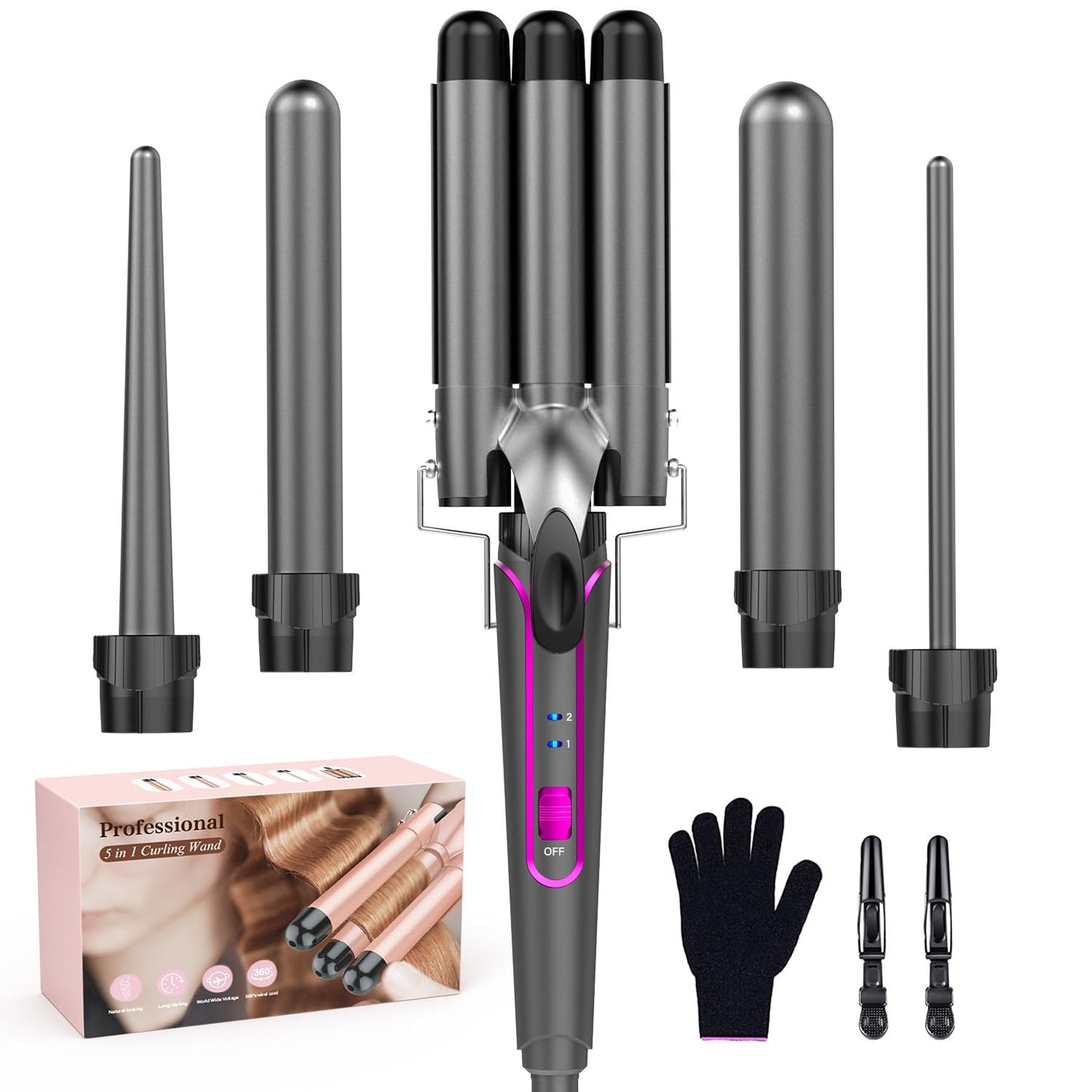 BESTOPE PRO 5 in 1 Curling Wand Set - 3 Barrel Hair Crimper, Fast Heating Ceramic Curling Iron - Gray
