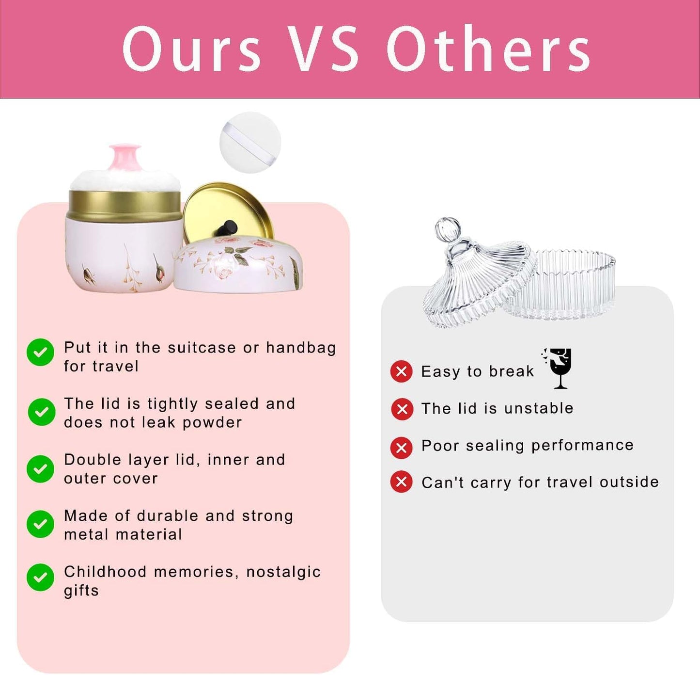 SHIMIDO Body Powder Puff and Container, 3.15" Portable Empty Body Powder Container for Baby Women's Loose Dusting Powder, Powder Case Box with Lids for Bath, Travel and Home Use (Old time)