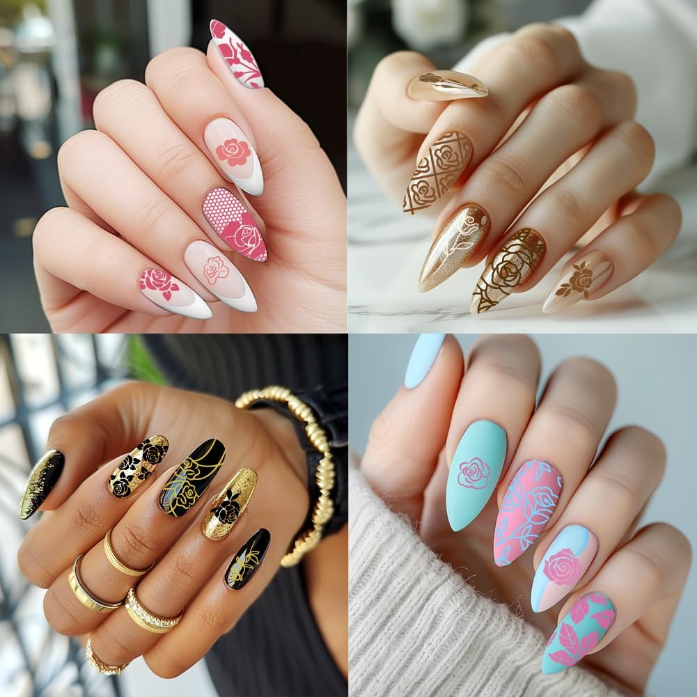 3Pcs Roses Nail Stamping Plate Set Vintage Flower Nail Stamp Templates Elegant Floral Leaf Metal Reusable Tools with Stamper Scraper for Manicure Printing