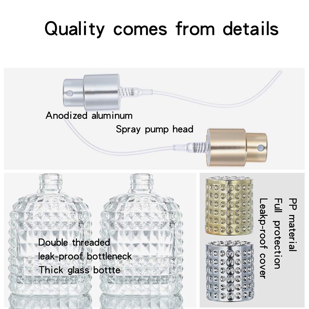 2 Pack 30ml Refillable Clear Glass Fine Mist Empty Spray Perfume Bottles, Atomizer Spray Bottle With 4 kinds of perfume dispenser (Silver cap and Gold cap)