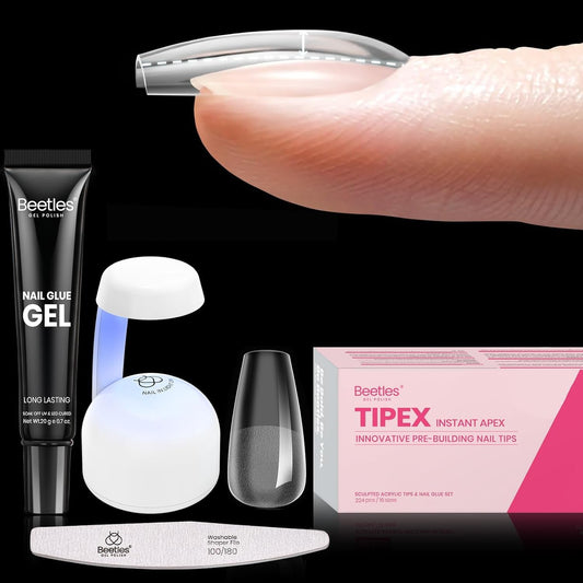 Beetles Tipex Gel Nail Kit Short Coffin Instant Apex Nail Tips, 224 Pcs 16 Sizes Pre-Building Pre-Etched False Nail Tips with Tipex Uv Nail Glue,Mini Nail Lamp-Thick Acrylic Nail Set