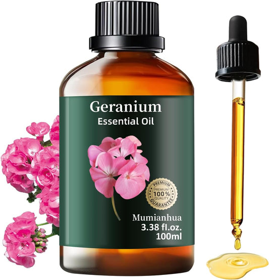 Mumianhua 100% Pure Geranium Essential Oil Natural Geranium Oil for Skin, Diffuser, Massages, DIY, Skin, Hair, Bath, Aromatherapy, Soap Making, Candle Making 3.38 Fl oz