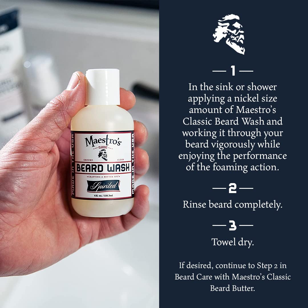 Maestro's Classic BEARD WASH | Anti-Itch, Deep Cleaning, Non-Drying, Fully Hydrating Gentle Cleanser For All Beard Types & Lengths- Spirited blend, 4 Ounce