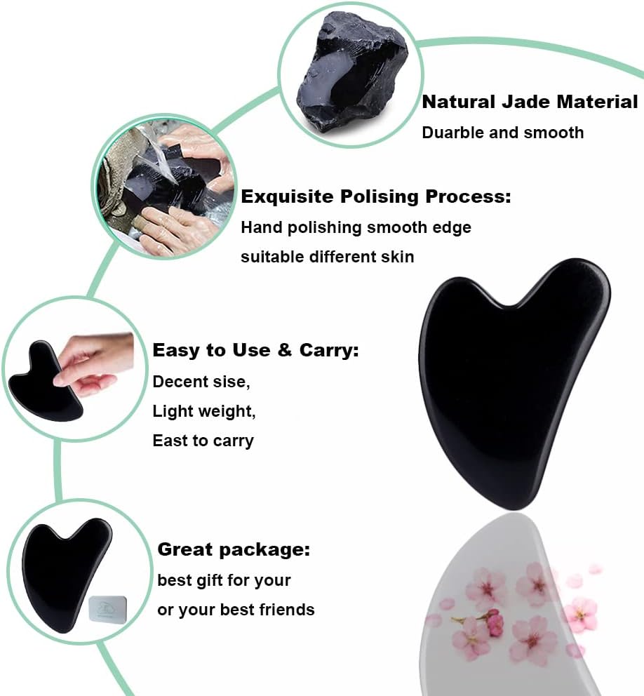Ditind Gua Sha Facial Tools, Black Obsidian Gua Sha Massage Tool, Natural Jade Guasha Tool for Face and Body Skin Massage. Gua Sha Set for SPA Acupuncture Therapy, Trigger Point Treatment.