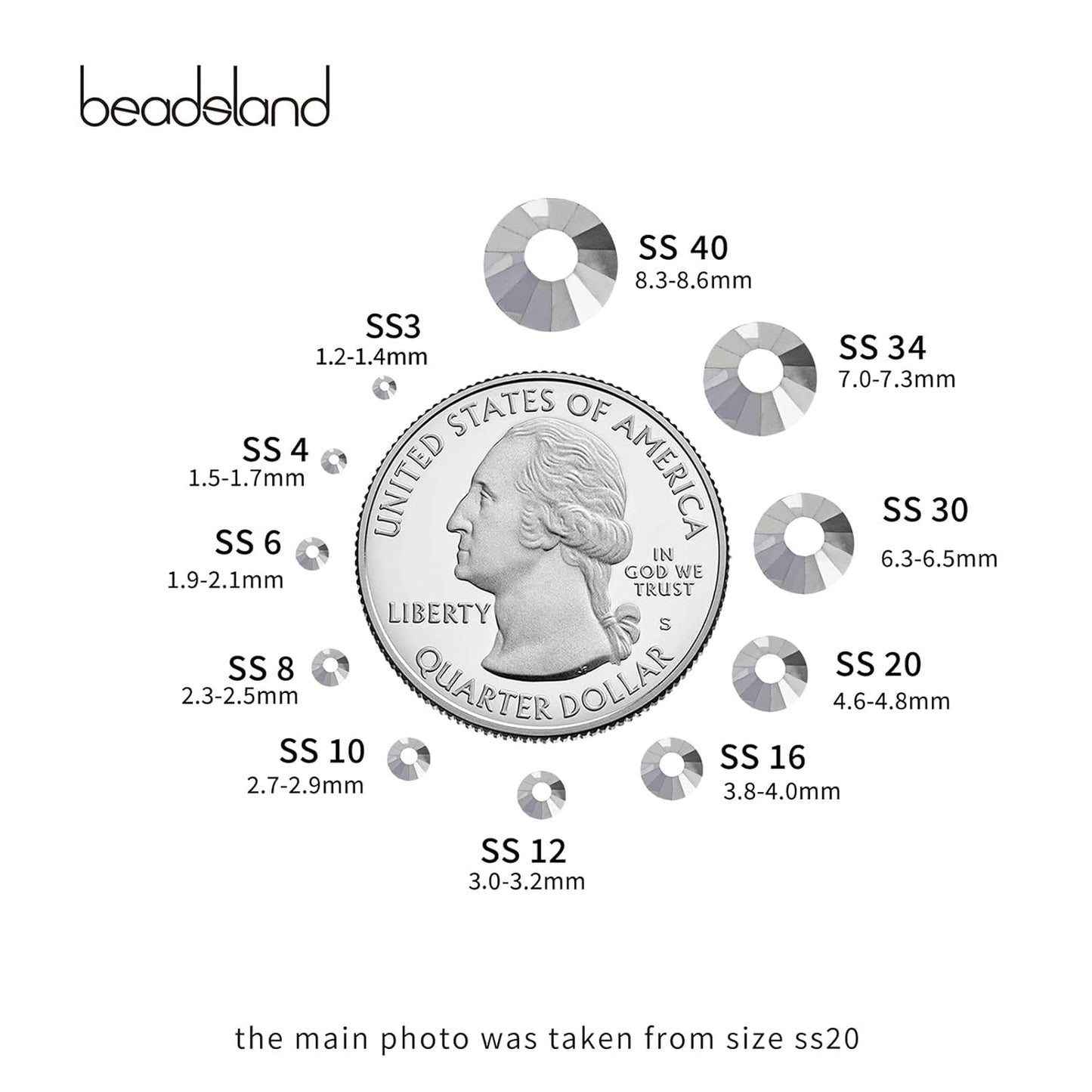 beadsland Flat Back Crystal Rhinestones Round Gems for Nail Art and Craft Glue Fix,Silver Hematite (6.4-6.6mm) SS30/288pcs