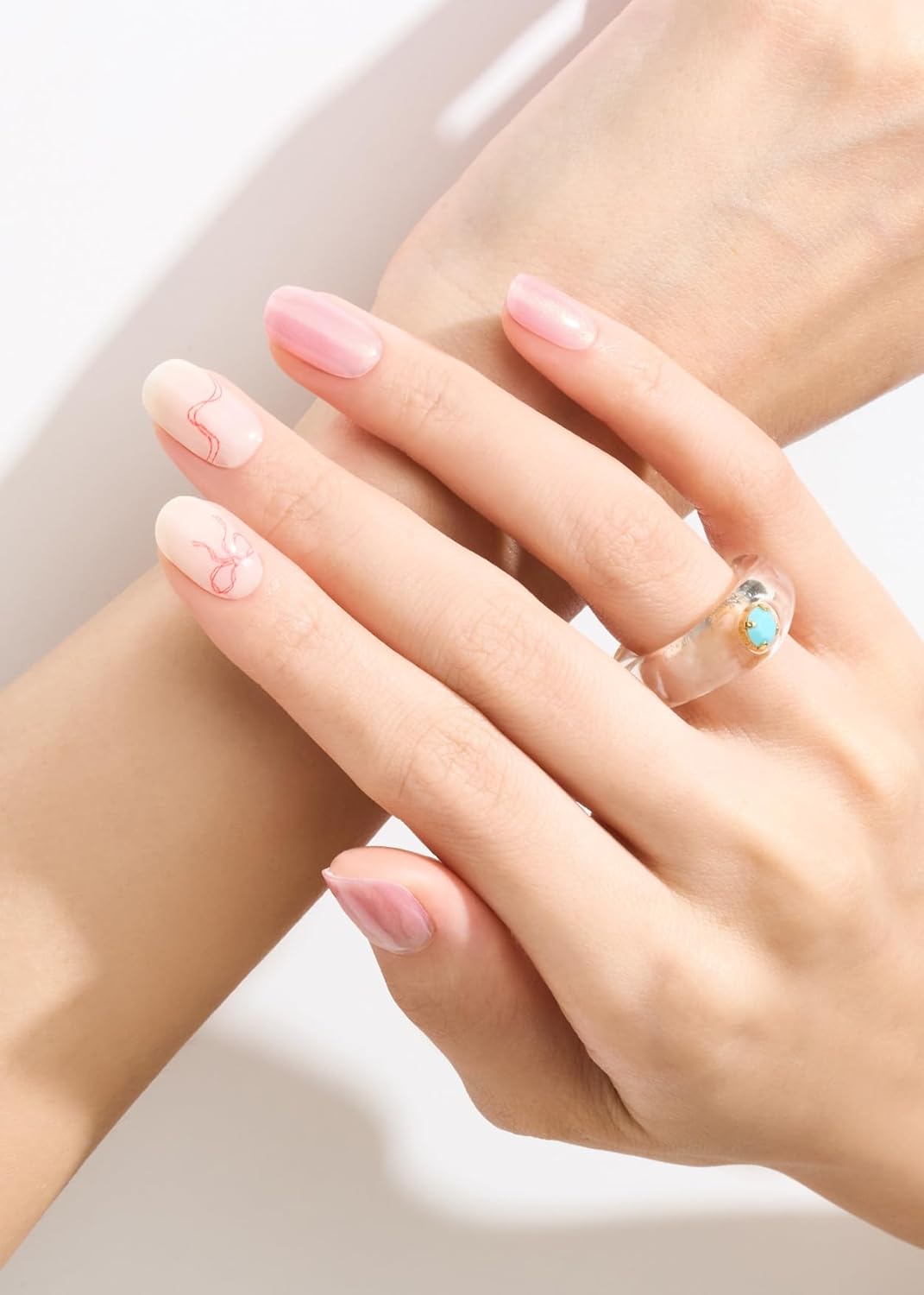 ohora Semi Cured Gel Nail Strips (N Someday) - White, Pink, Ribbon, Works with Any UV/LED Lamps, Salon-Quality, Long Lasting, Easy to Apply & Remove - Includes 2 Prep Pads, Nail File & Wooden Stick