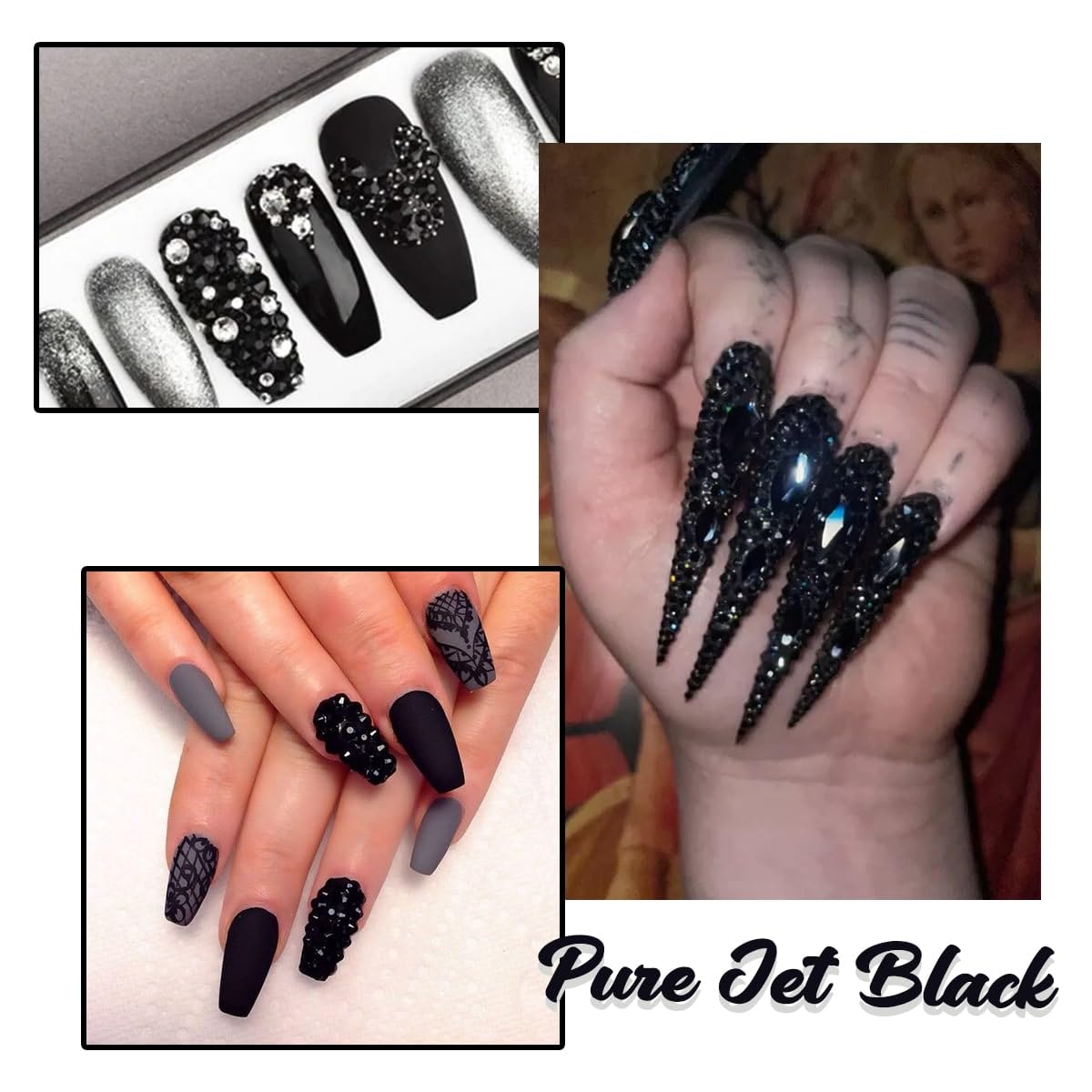 4 Boxes Jet Black Nail Rhinestones and Glitters 24 Shapes K9 Glass Flatback Gems Round Stones Diamonds Crystals Nail Art Charms for Acrylic Nails Faces Eyes Makeup DIY Crafts Tumblers Clothes Shoes