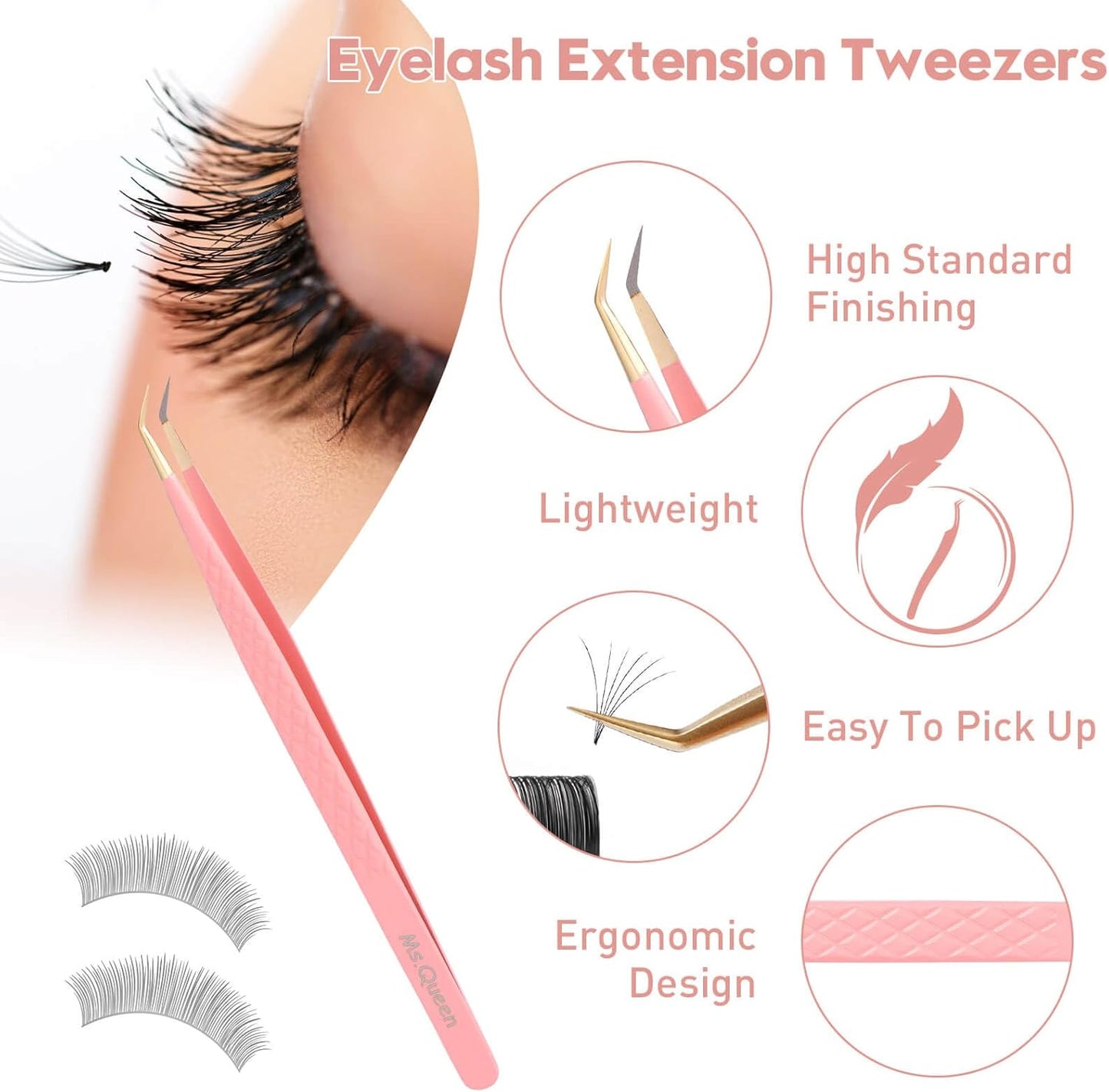Ms.Queen Isolation Lash Tweezers,45 Degree 14cm Long&Slim Fiber Tip Tweezers for Individual & Classic Eyelash Extensions