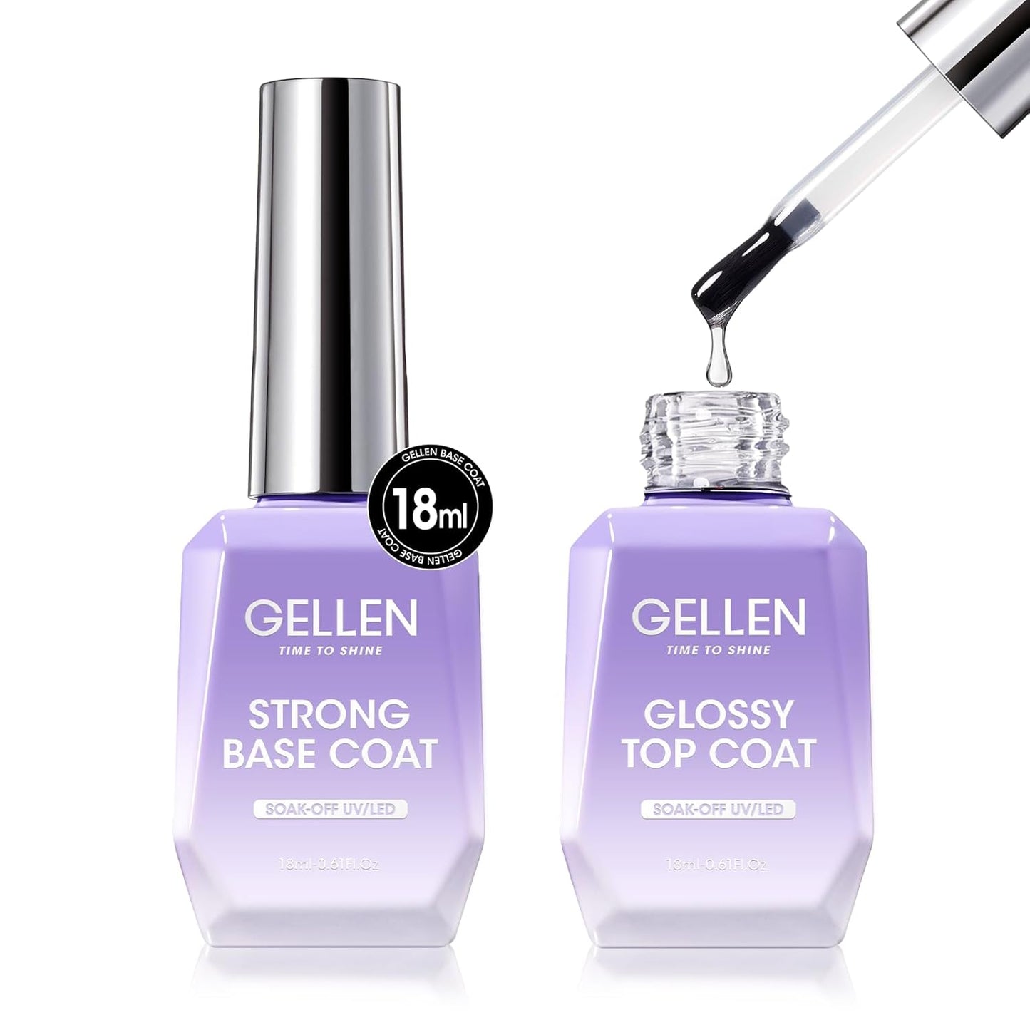 GELLEN Gel Top Coat and Base Coat 2 Pcs 18ml Superior Base Coat Top Coat Set No Wipe Soak Off Ultra Glossy Top Coat Gel Nail Polish UV LED Clear Nail Polish Long Lasting for 28+ Days