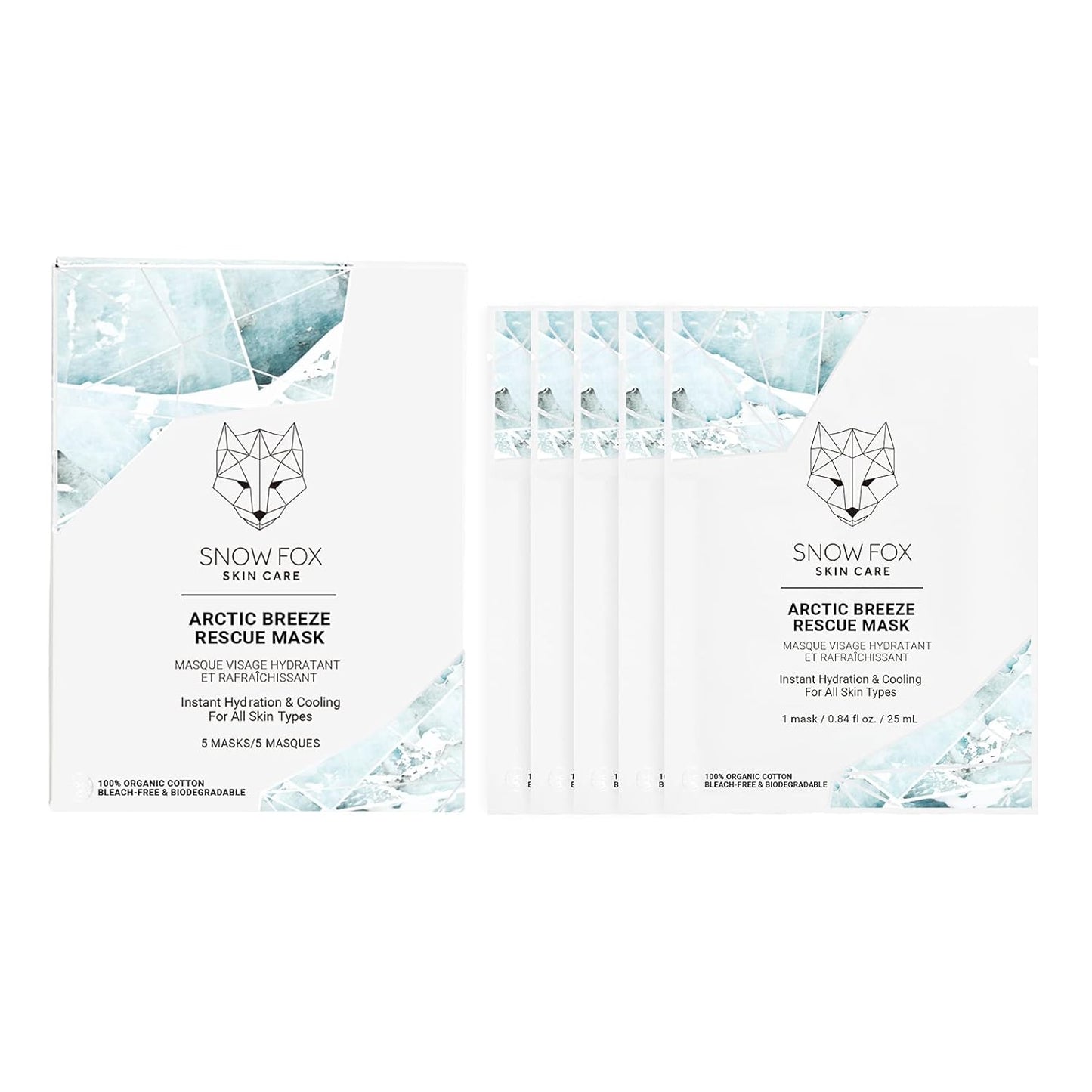 Snow Fox Skincare - Arctic Breeze Rescue Mask - Peppermint Oil, Aloe Vera, Seaweed Extract | Hydrating, Soothing Skin Redness & Irritation | Post-Sun Recovery | Premium Organic Cotton - 5 Pack