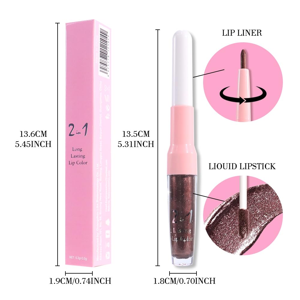 evpct Dark Brown Metallic Glitter Lip Liner and Lipstick Combo Lip Gloss Stain Set Makeup for Women Long Lasting Waterproof 24, Chocolate Metallic Shimmer Frosted Iridescent Shiny Liquid Lipstick 11