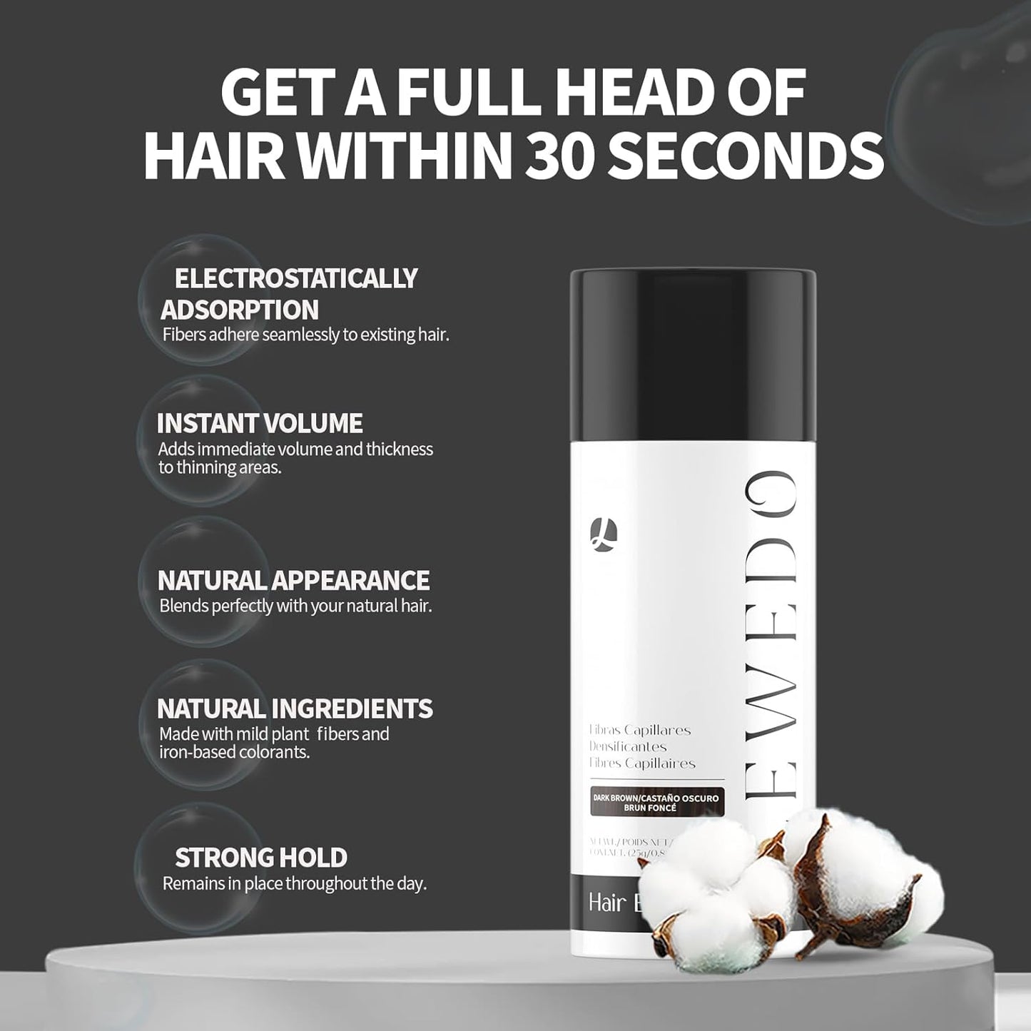 Hair Building Fibers - Instant Volume for Thinning Hair, Natural Appearance with Electrostatic Adsorption,Plant-Based, All-Day Hold, 25G Dark brown