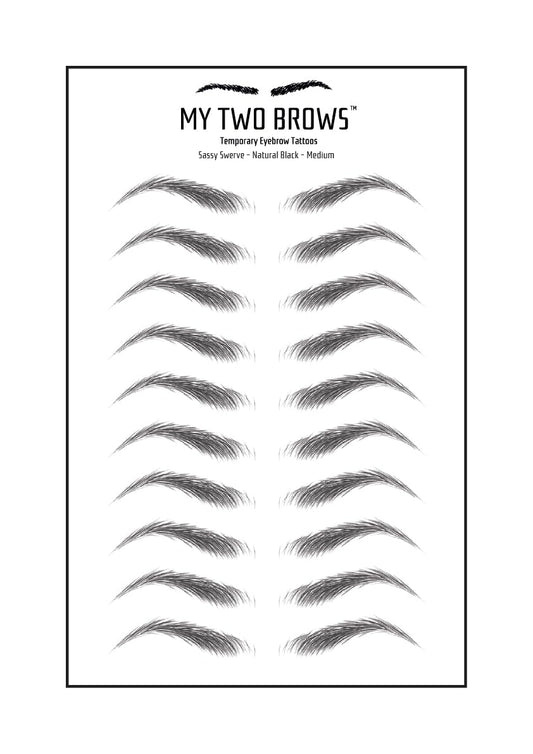 (10 pairs) Natural Black Temporary Eyebrow Tattoo - Medium Size - Waterproof & Smudgeproof - Sassy Swerve Style Eyebrow Stickers - Sheet Lasts up to 30 Days - Won't Work on Existing Brows