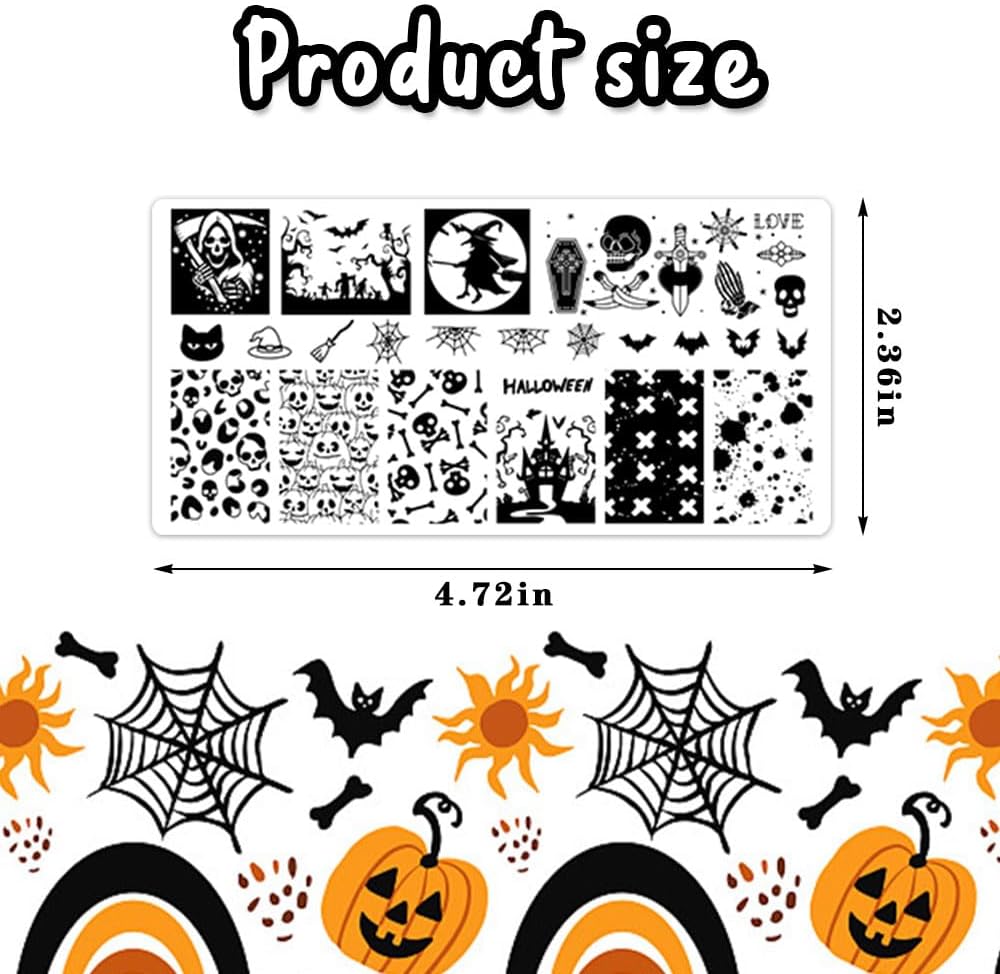 ALIBBON 6 Pcs Halloween Nail Stamping Plates Set, Halloween Background Nail Art Stamp Templates, Pumpkin Face Skeleton Stamp Templates Kit, Spider Web Ghost Metal Nail Plates for DIY Printing Decor