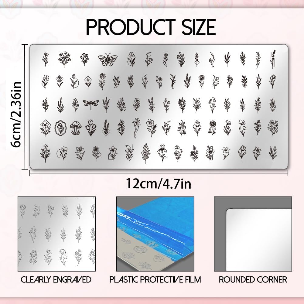 UNICRAFTALE 3Pcs Nail Stamp Plates Set Flower Stamping Plate Flower Leaves Stamp Templates Image Nail Stencils Nail Art Plates with Nail Scraper for Women DIY Nail Design Tools