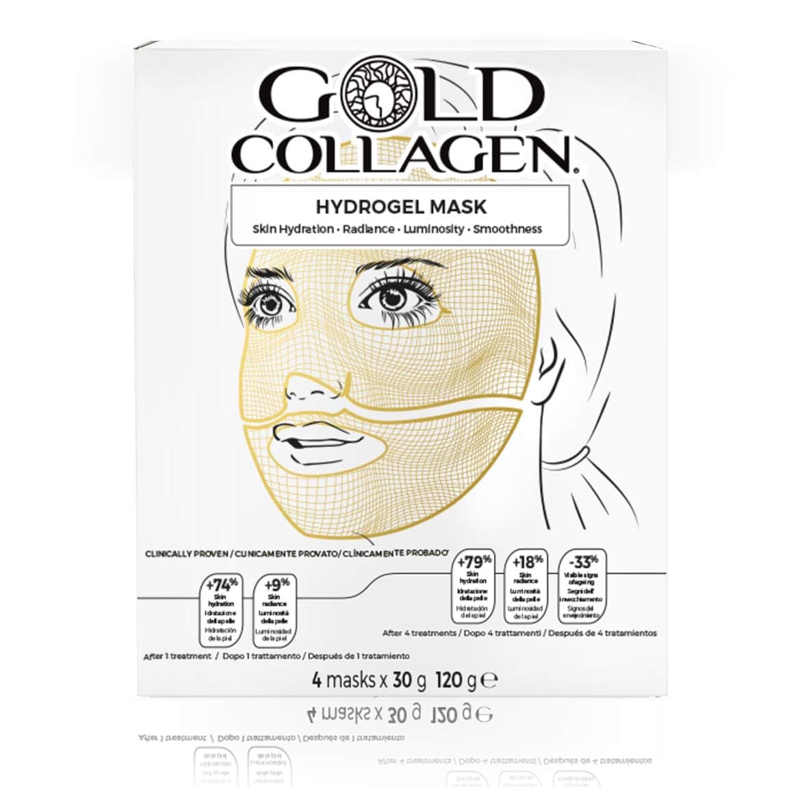 GOLD COLLAGEN Hydrogel Mask Set - Face Masks Skincare for Dehydrated Tired Skin, Wrinkles, Fine Lines, Pack of 4, Skin Care Collagen Face Mask with Hyaluronic Acid, Cooling Effect, Made in South Korea