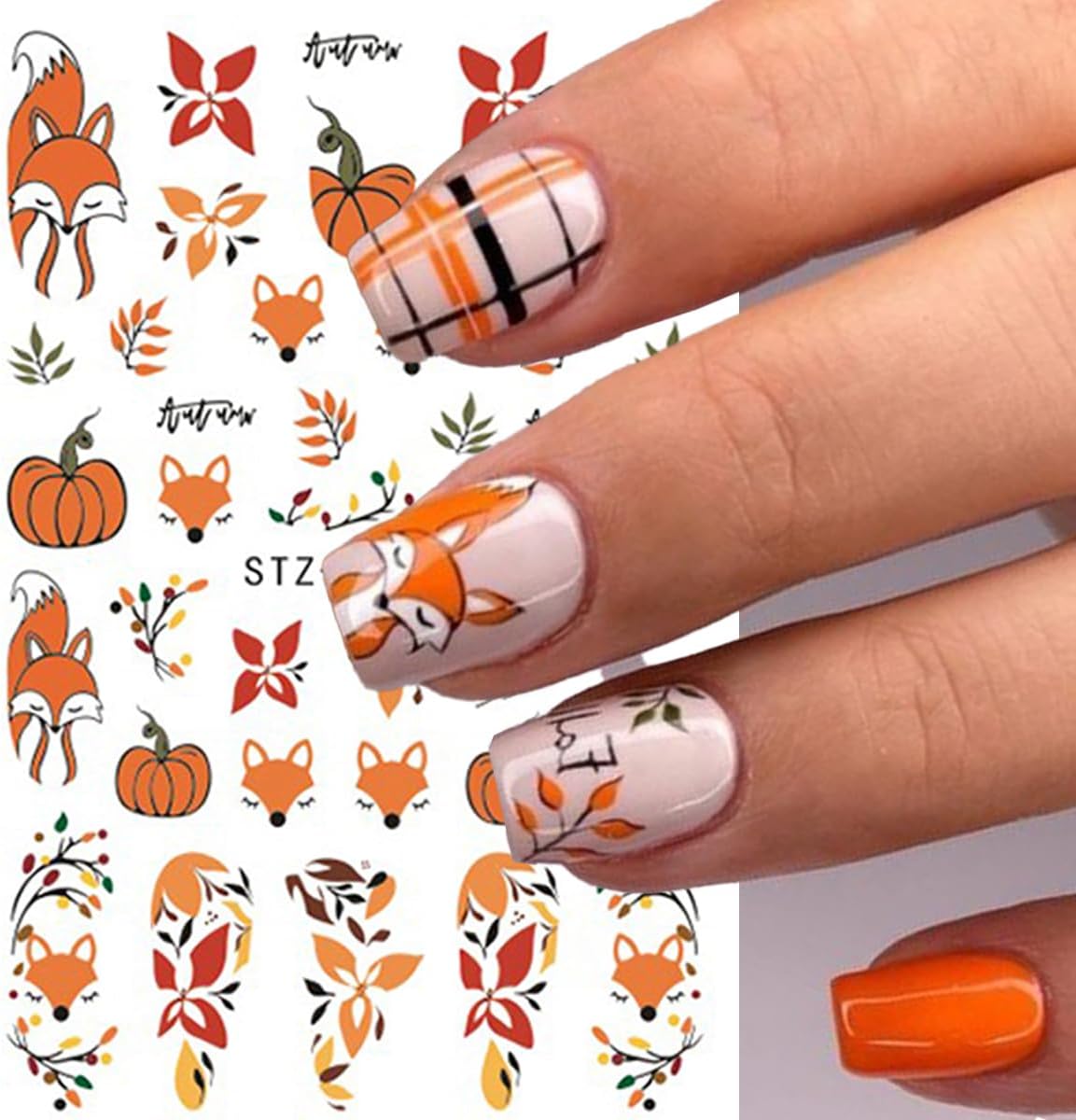 8Sheets Thanksgiving Nail Stickers Autumn Nail Art Stickers Maple Leaves Nail Decals Red Orange Leaf Fox Pumpkin Nut Flower Design 3D Self Adhesive Stickers for Nail Women Decor Manicure Supplies