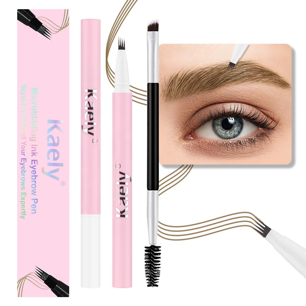 evpct 2Pcs Brown Magic Microblading Eyebrow Contouring Pen Brow Pencil, with 4 Brush Micro-Fork-Tips Precise Applicator, with Dual-ended Eyebrow Brush, Hair Like Strokes, Natural Looking Brows
