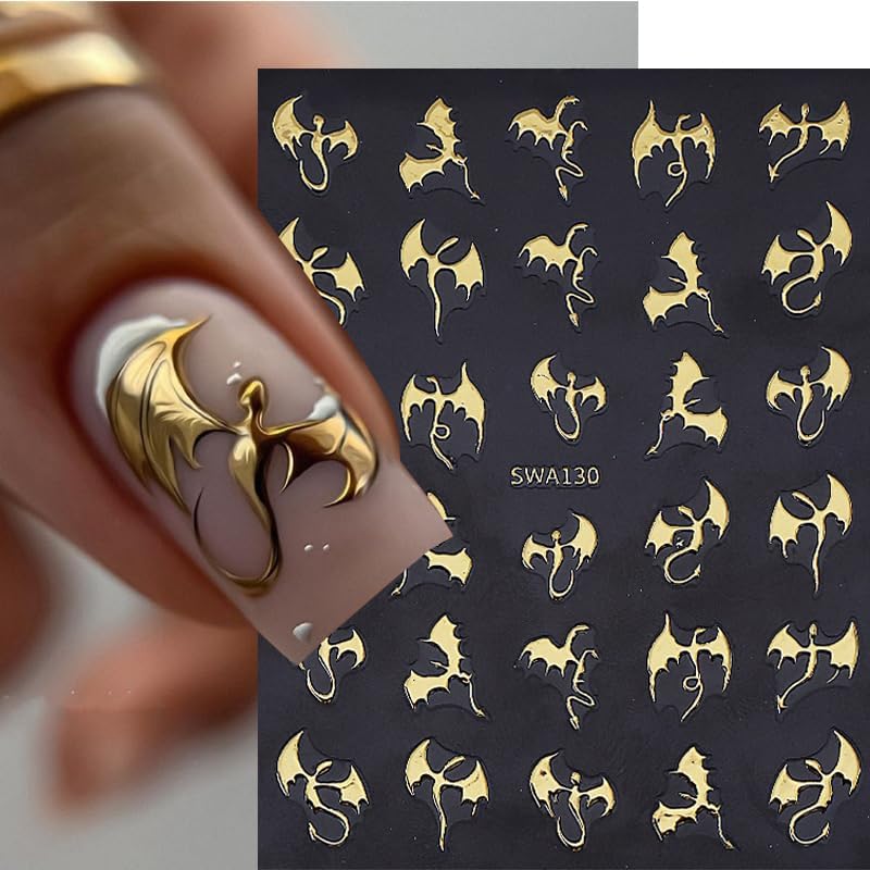 6 Sheets Halloween Nail Stickers Metal Flying Dragon Glitter Bat Nail Art Stickers Decals 3D Self Adhesive Nail Decals Glitter Bat Designs Nail Art Supplies Halloween Stickers for Nails for Women DIY