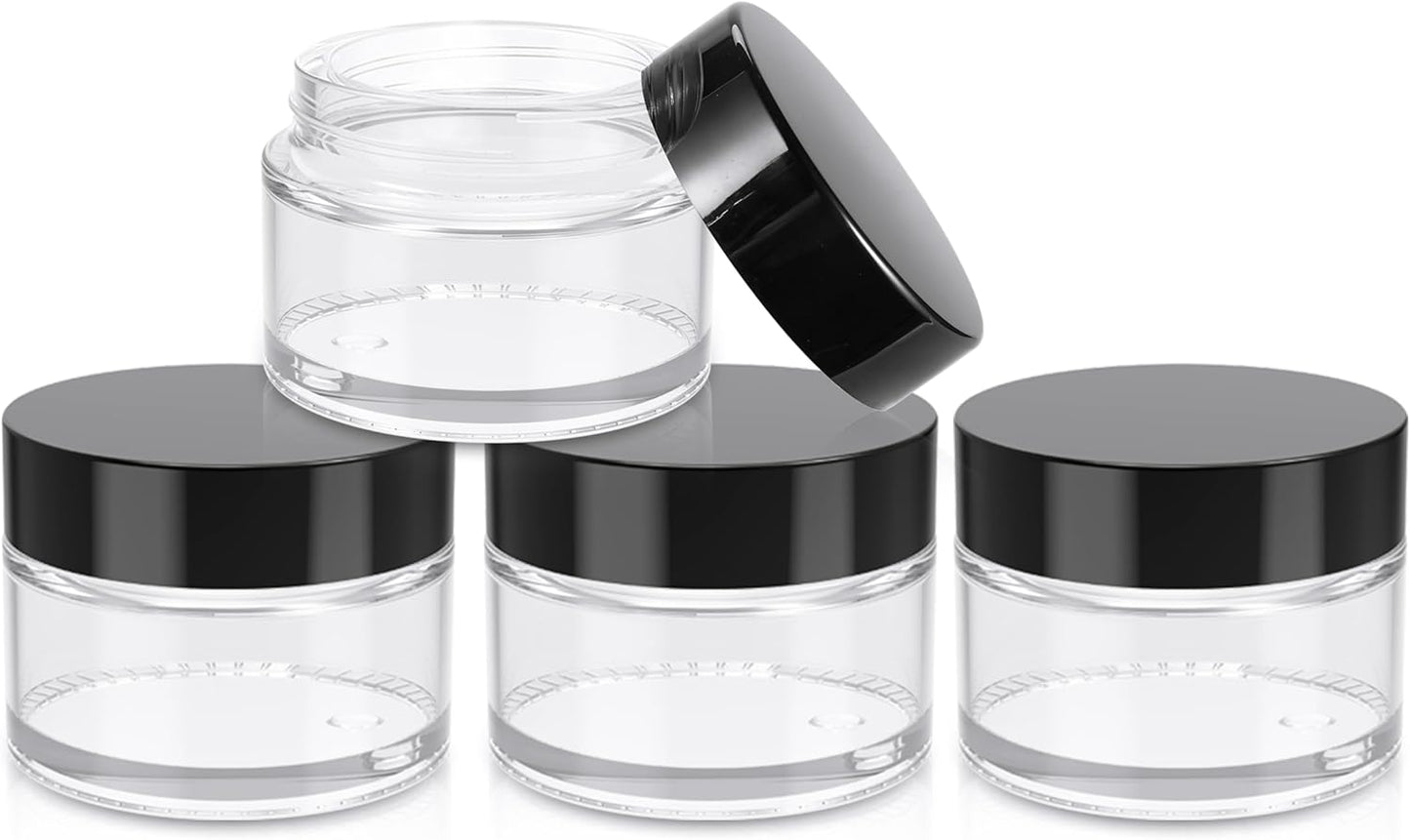 1oz Jars with Lids, HOA Kinh 4 Pack Clear Glass Jars Empty Cosmetic Containers Round Airtight Glass Jar with Inner Liners and black Lids for Storing Lotions, Powders, and Ointments