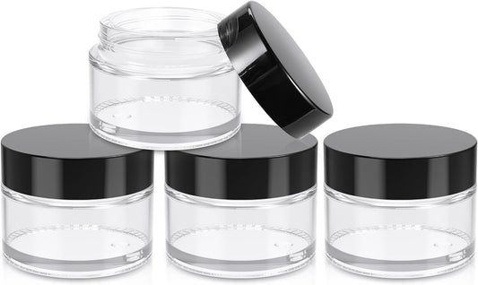 1oz Jars with Lids, HOA Kinh 4 Pack Clear Glass Jars Empty Cosmetic Containers Round Airtight Glass Jar with Inner Liners and black Lids for Storing Lotions, Powders, and Ointments