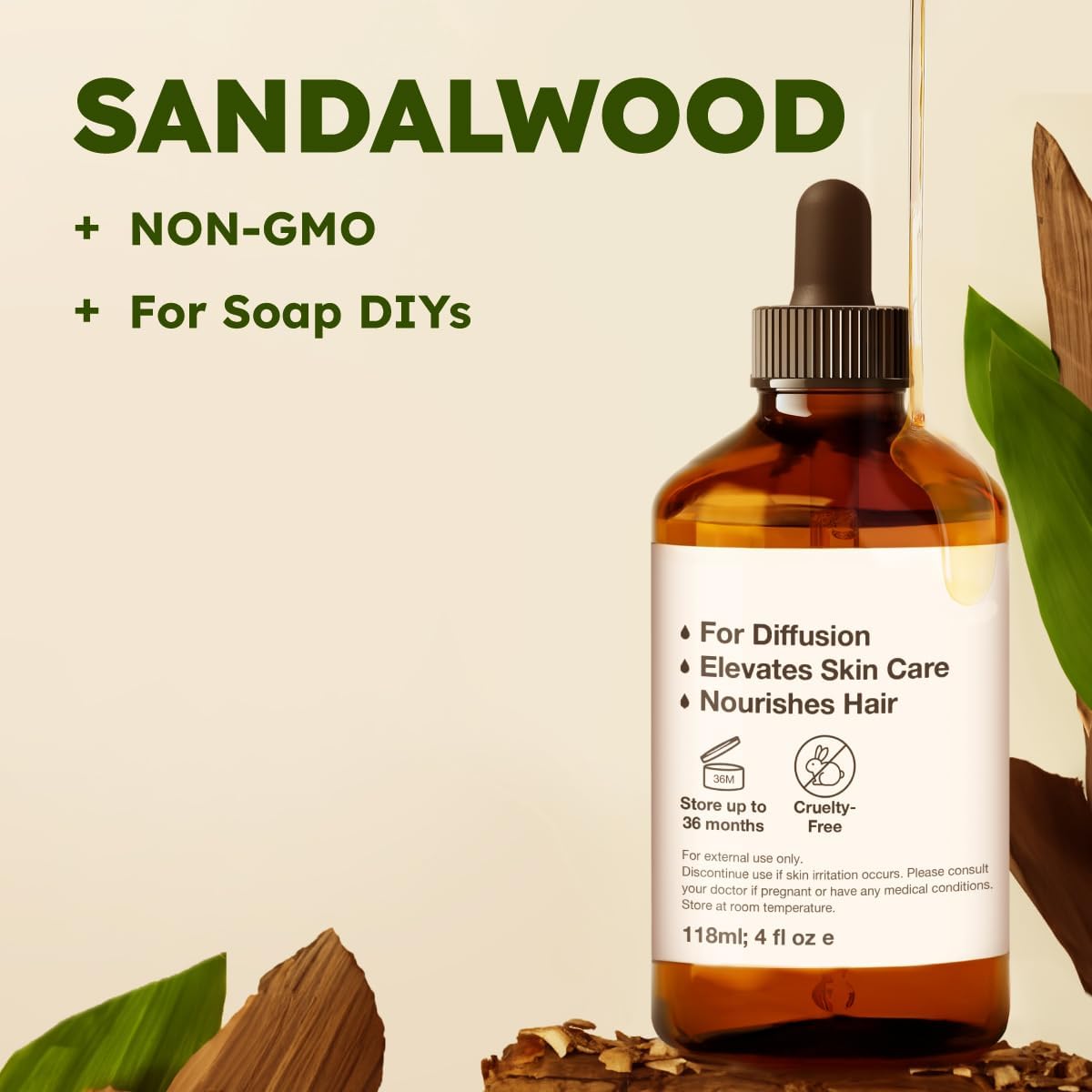 Kukka Sandalwood Essential Oil for Diffuser & Skin - 4 Fl Oz - Sandalwood Oil, Woody Scent, for Massage, Perfume, Hair, Aromatherapy, Candle, DIY Soap Making Scents