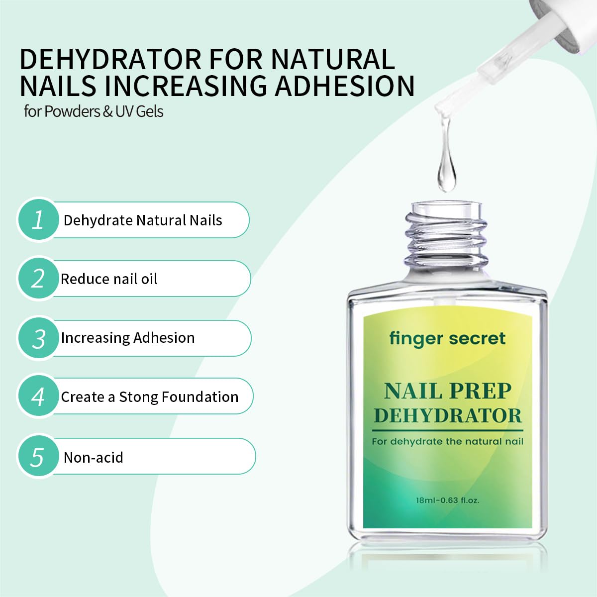 FINGER SECRET Nail Prep Dehydrator, 18ml Nail Dehydrator for Natural Nails Increasing Adhesion Bonder Non-Acid for Acrylic Powders & UV Gel Press on Acrylic Tips