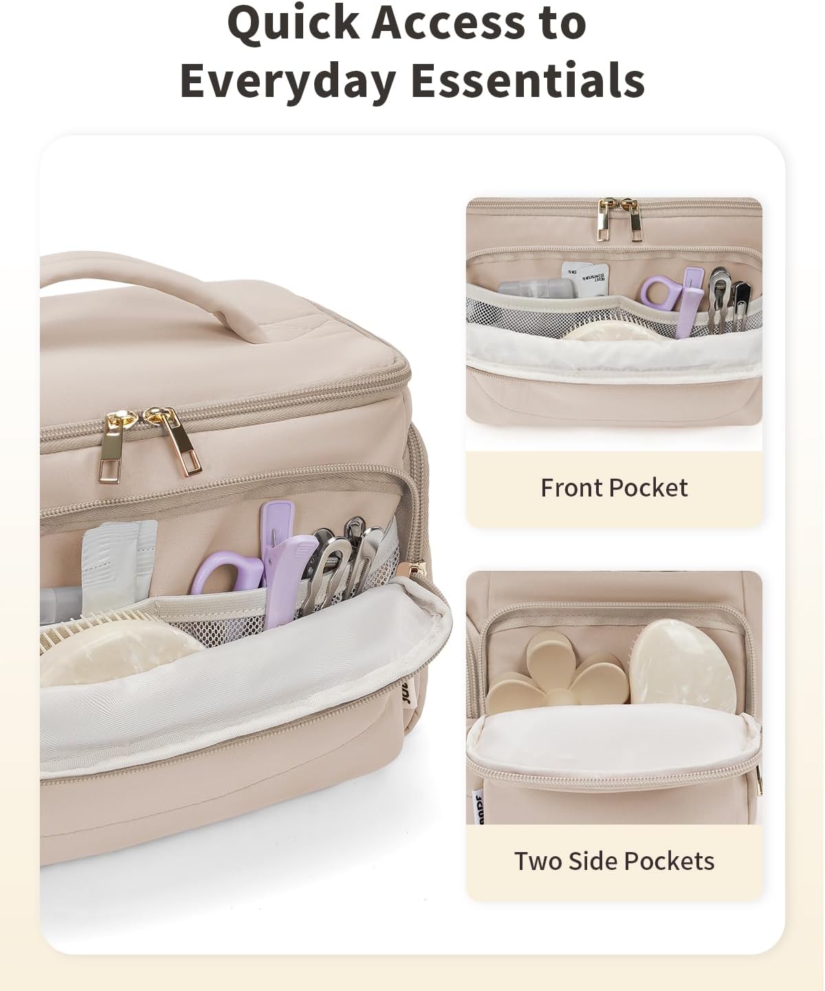 WANDF Travel Toiletry Bag for Women, Wide-open Large Makeup Bag with Handle, Puffy Makeup Organizer for Toiletries, Cosmetics, Accessories, Essentials (Light Khaki)