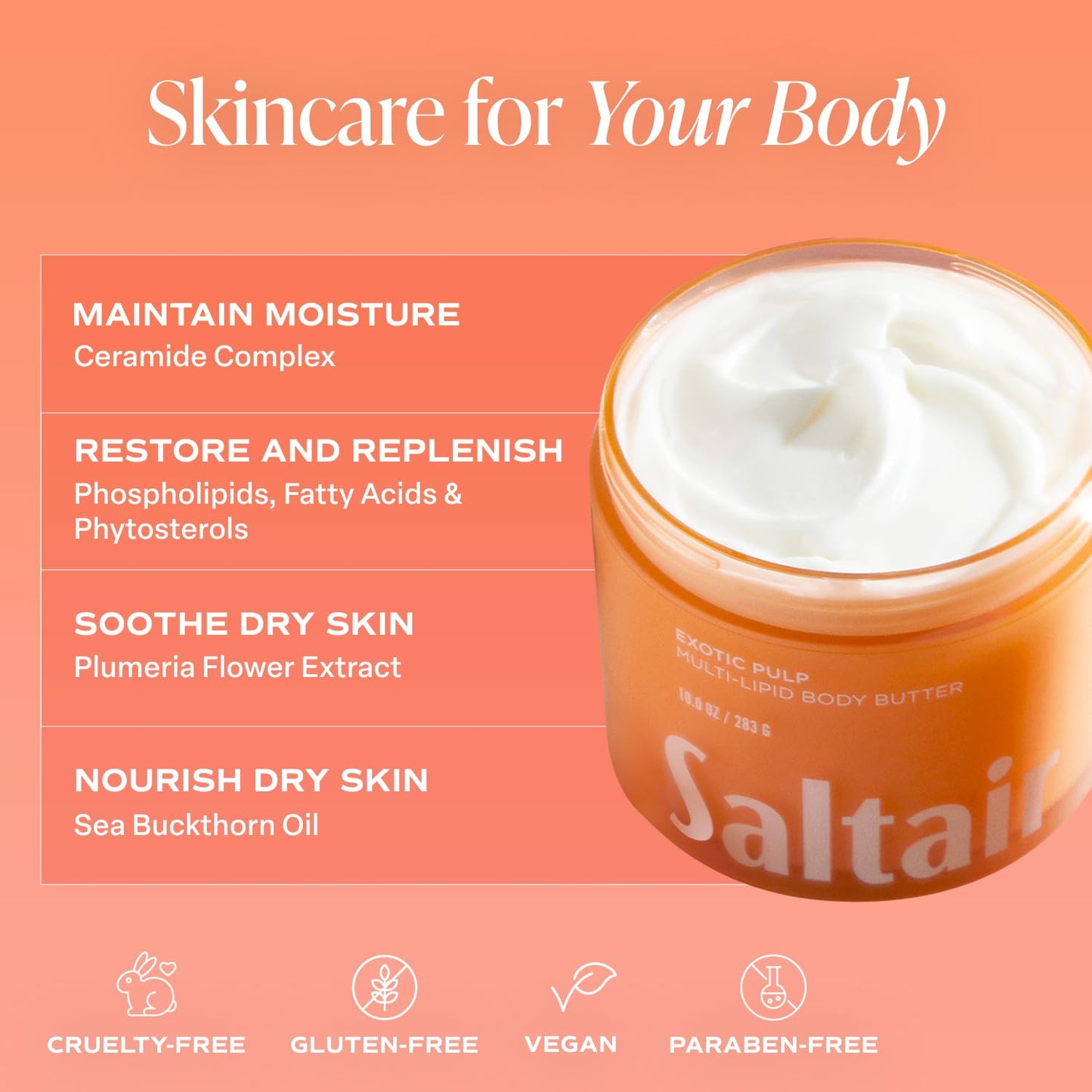 Saltair Multi-Lipid Body Butter - Rich, Nourishing Exotic Pulp Hydrating Body Cream with Ceramide Complex, Coconut Oil, Shea Butter, and Sea Buckthorn. Deep Moisturizing Dry Skin Care. 10oz Jar
