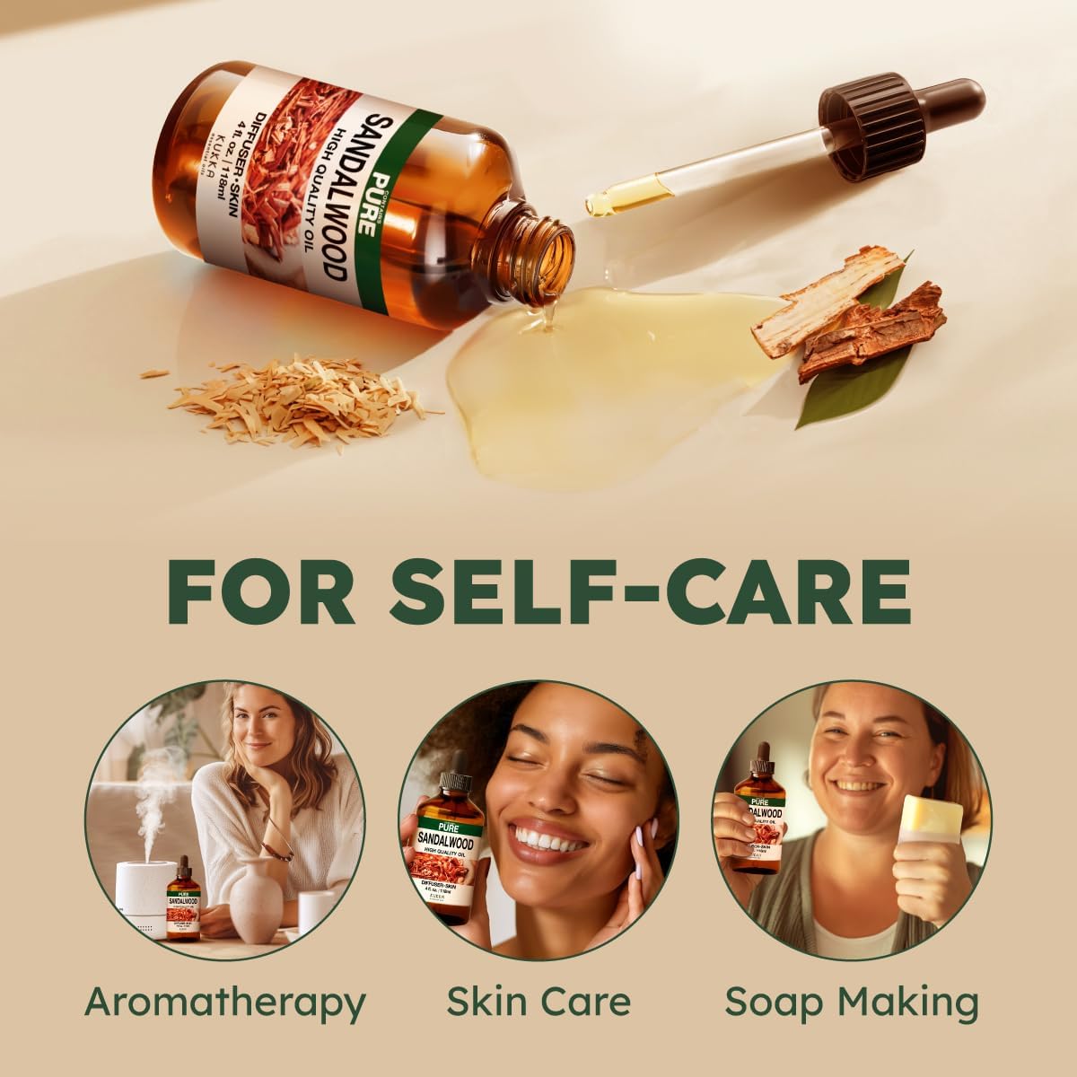 Kukka Sandalwood Essential Oil for Diffuser & Skin - 4 Fl Oz - Sandalwood Oil, Woody Scent, for Massage, Perfume, Hair, Aromatherapy, Candle, DIY Soap Making Scents