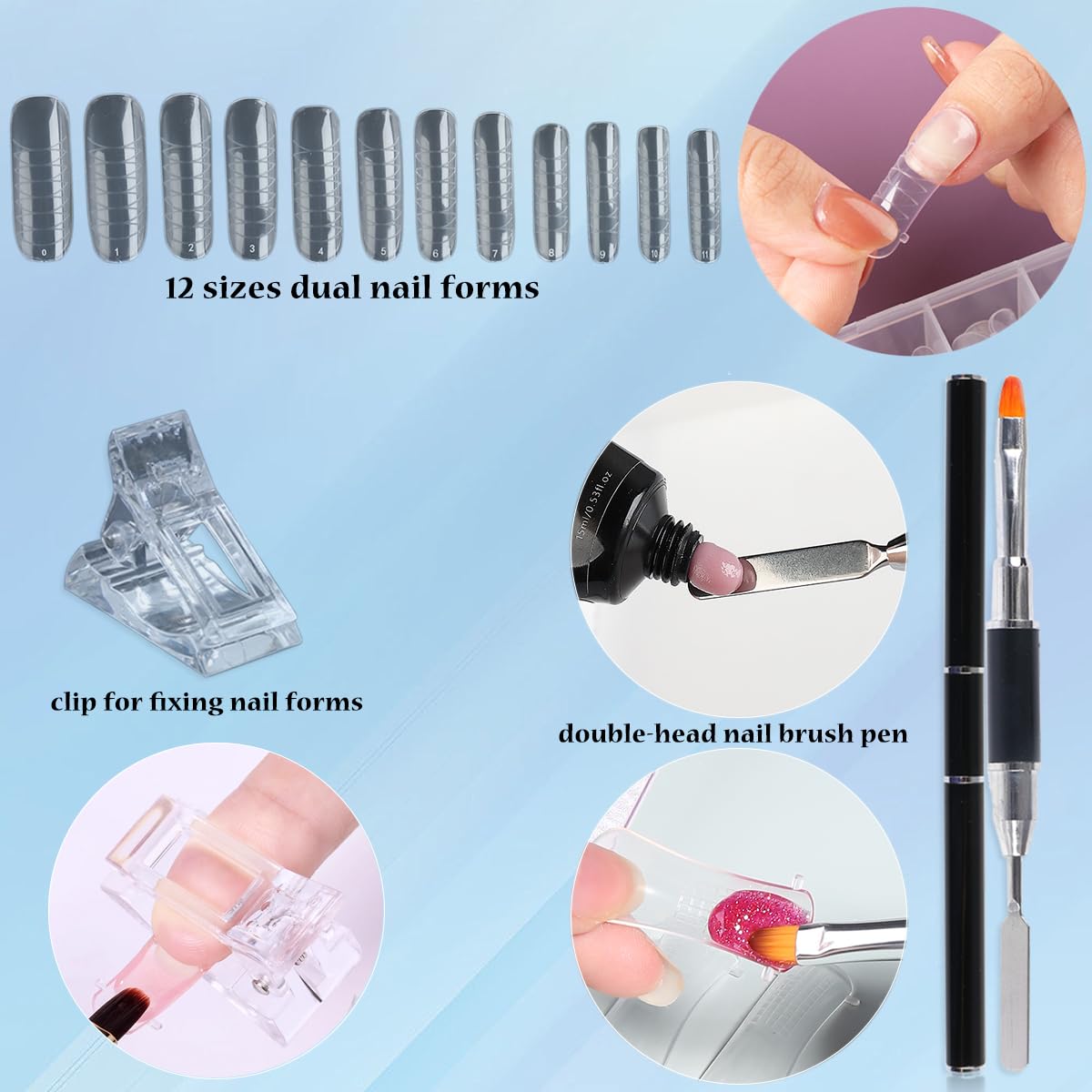 Poly Gel Kit - White Mauve Nude Pink Builder Gel Set With Slip Solution and Dual Nail Forms