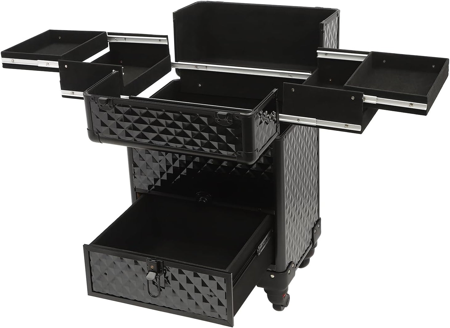 Rolling Makeup Train Case Professional Cosmetic Organizer Large Capacity Trolley Makeup Travel Case with 360° Swivel Wheels for Makeup Artist (Black)