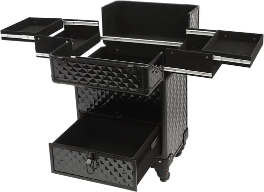 Rolling Makeup Train Case Professional Cosmetic Organizer Large Capacity Trolley Makeup Travel Case with 360° Swivel Wheels for Makeup Artist (Black)