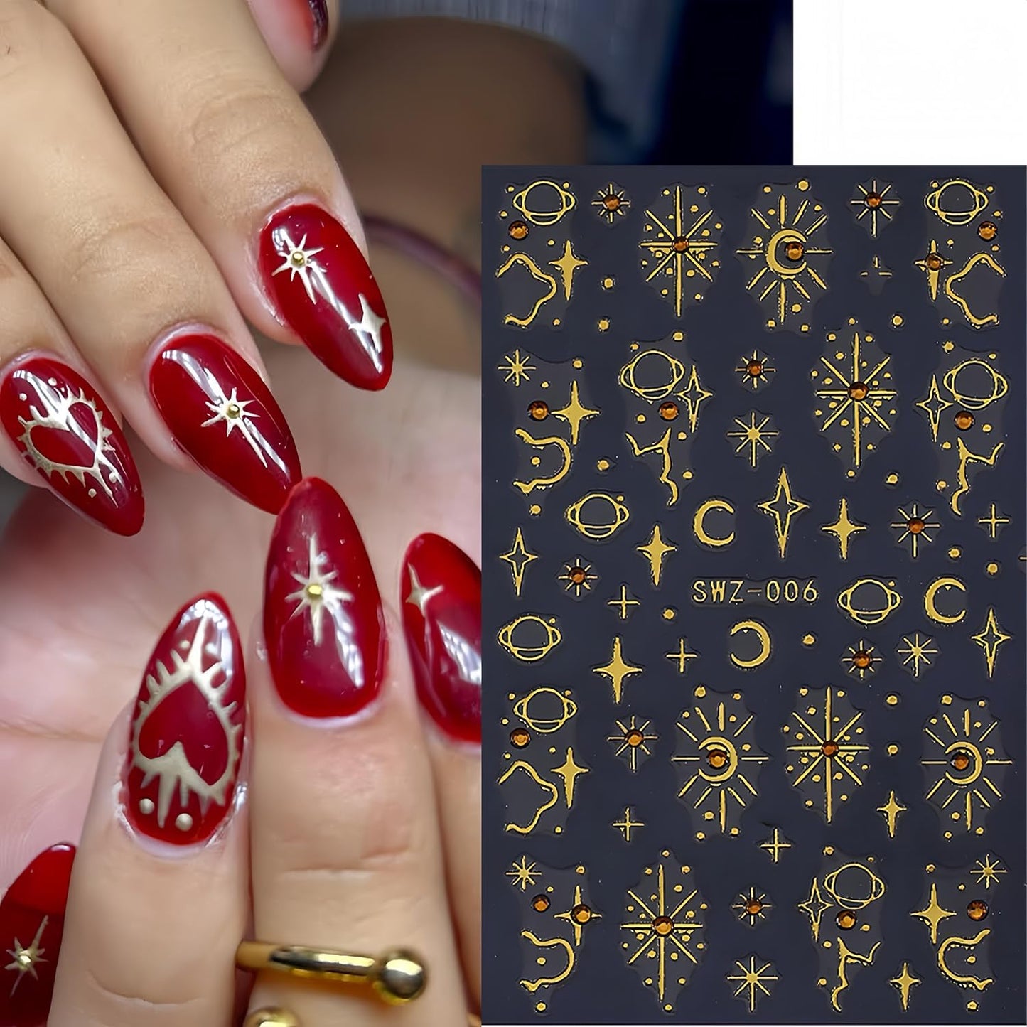 5 Sheets Star Nail Art Stickers 3D Self-Adhesive Gold Stars Starlight Nail Stickers with Red Rhinestones Design Nail Decals Star Moon Nails Sticker for Women Daily DIY Manicure Decoration