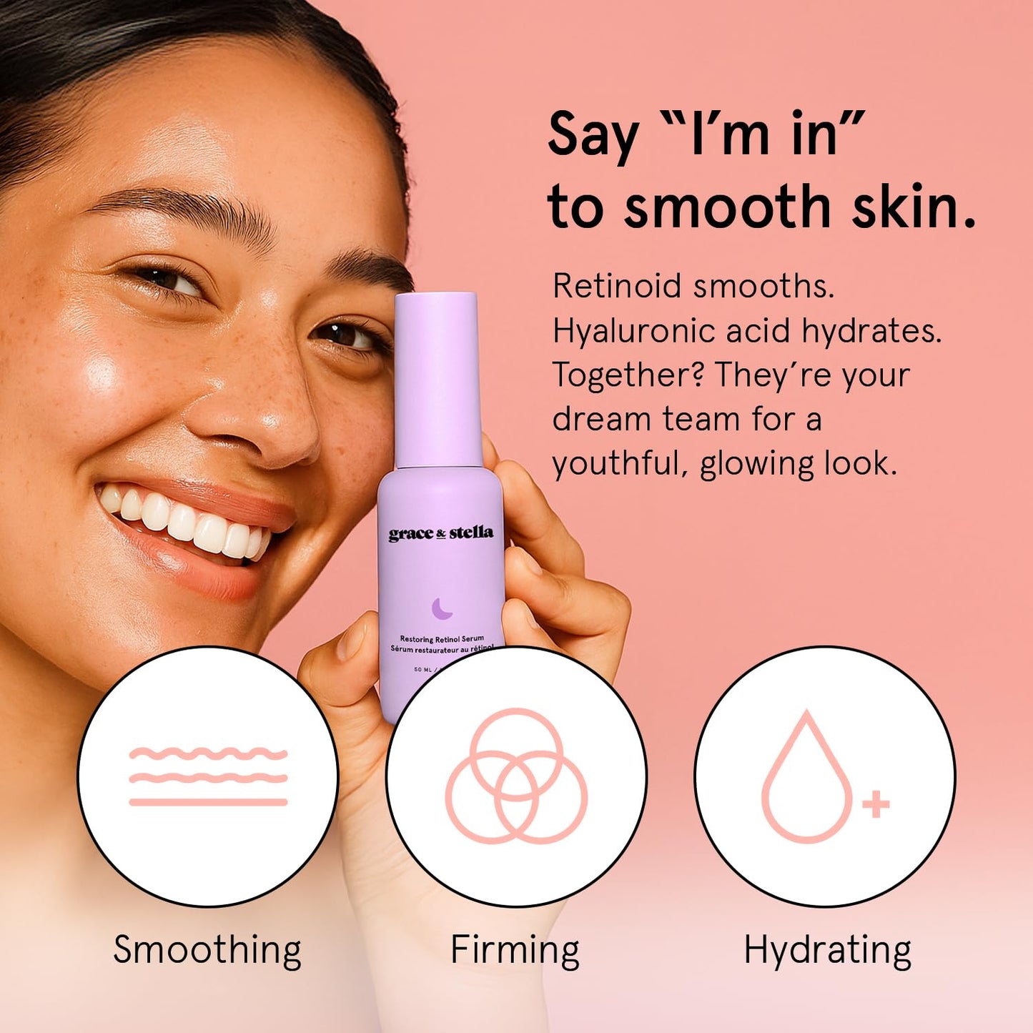 grace & stella Retinol Serum for Face with Hyaluronic Acid (50ml/1.7 fl oz) - Restoring Retinol Hyaluronic Acid Serum for Face to Reduce Fine Lines & Wrinkles - Acido Hialuronico - Vegan Skincare