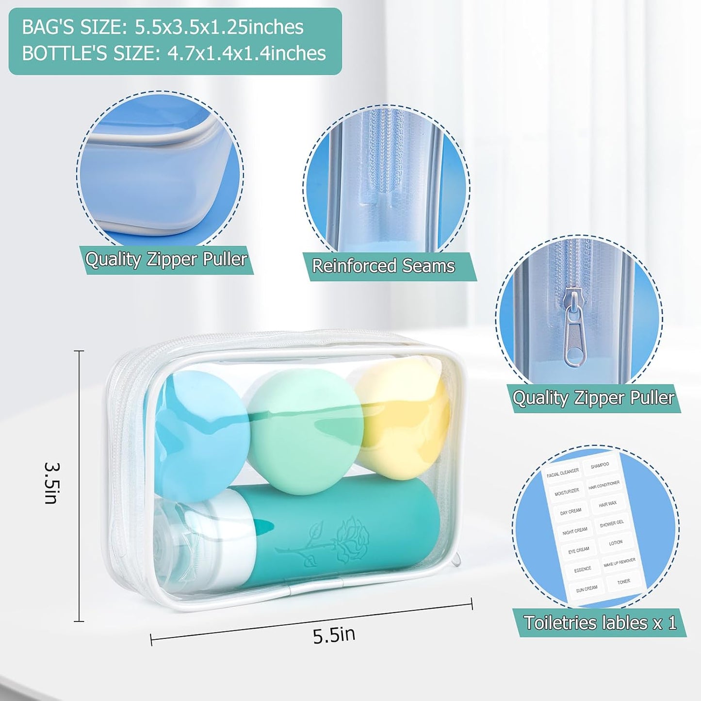 Small Travel Size Container for Cream 3pcs Mini Silicone Makeup Jar and 1pcs Tiny Squeeze Bottle, TSA Approved Leak-proof Lotion Pots and Toiletries Bottles With Storage Bag