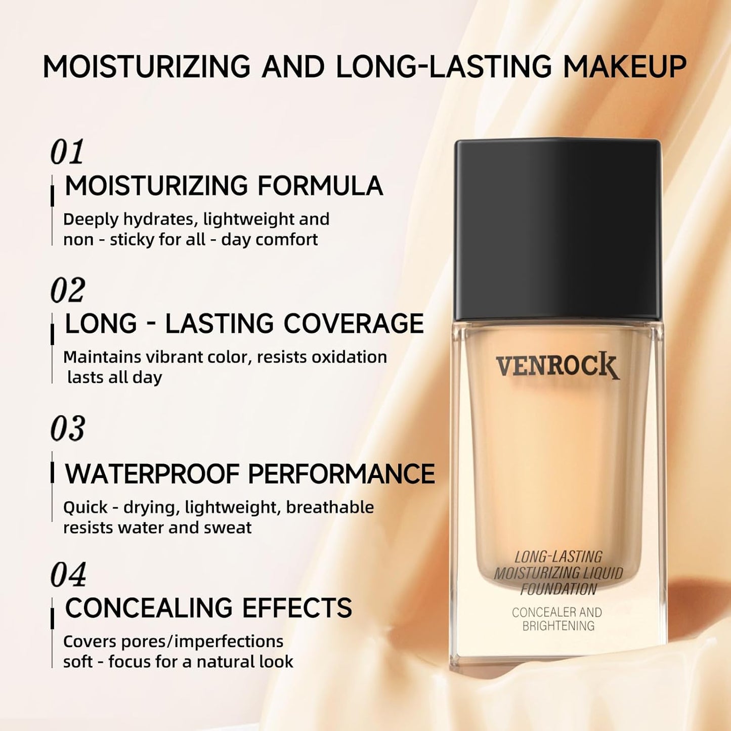 VENROCK 24HR Long-Lasting Moisturizing Liquid Foundation | Radiant, Waterproof, Concealing & Oil-Control (02# Beige, 30ml)