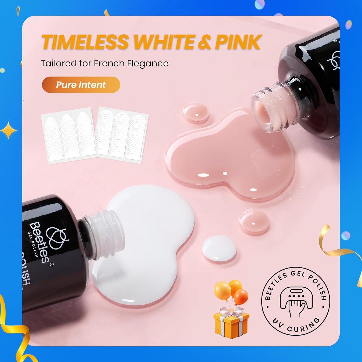 Beetles French Manicure Kit - White Nude Pink Gel Nail Polish Soak Off UV LED French Tip Gel Polish with 2 French Manicure Nail Art Sticker Sheets, Classic French Nail Kit for DIY at Home or Salon