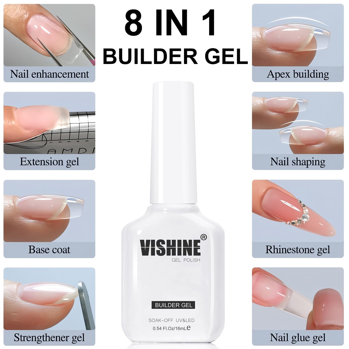 Vishine 2 Pcs Clear Builder Gel 8-in-One Clear Gel Builder for Nail Thickening Natural Nails Transparent Extension Hard Gel Polish Rhinestone Glue for Nail Art Base Coat Needed 16ml