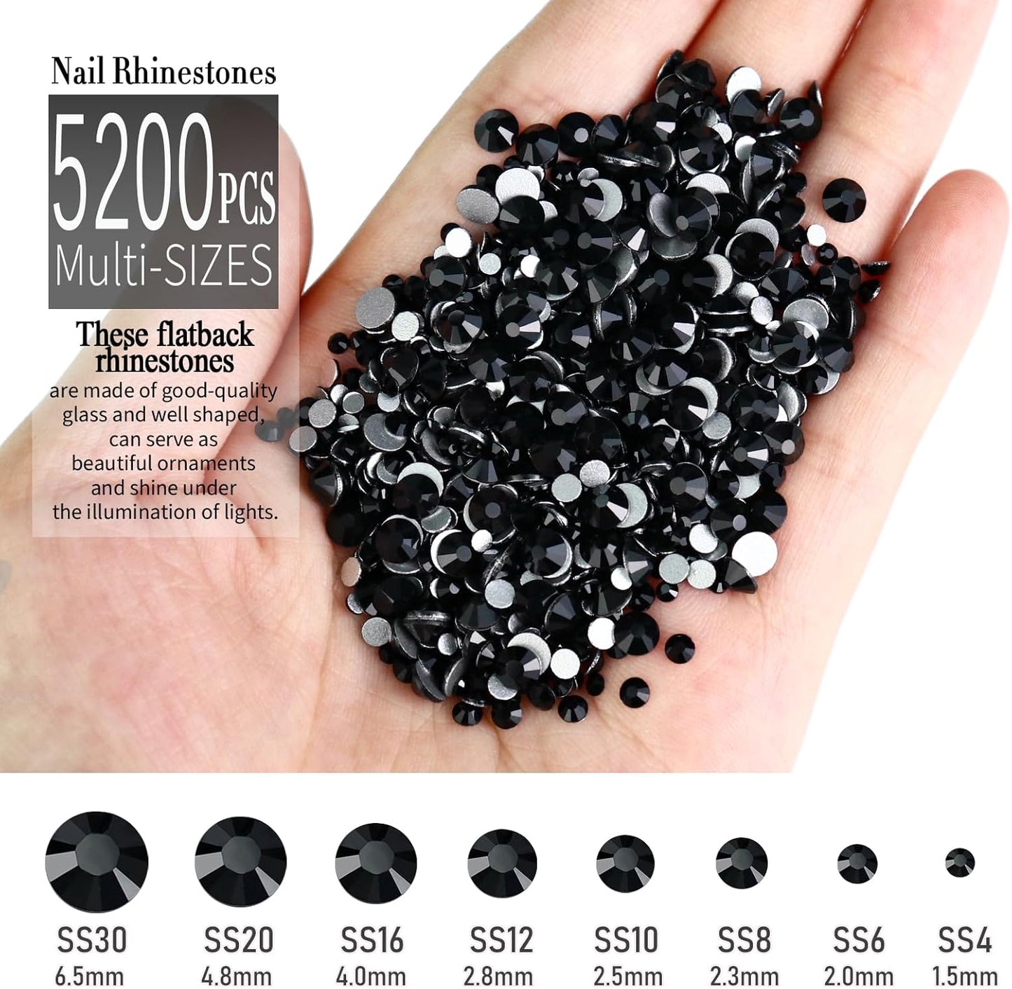 Dowarm 6000PCS Black Nail Rhinestones Kit, 16 Types of 800PCS Special-Shaped Diamonds + 5200PCS Flatback Rhinestones, 3D Glass Gemstones for Nail Crafts Decoration, Jewelry Gem Stones Charm