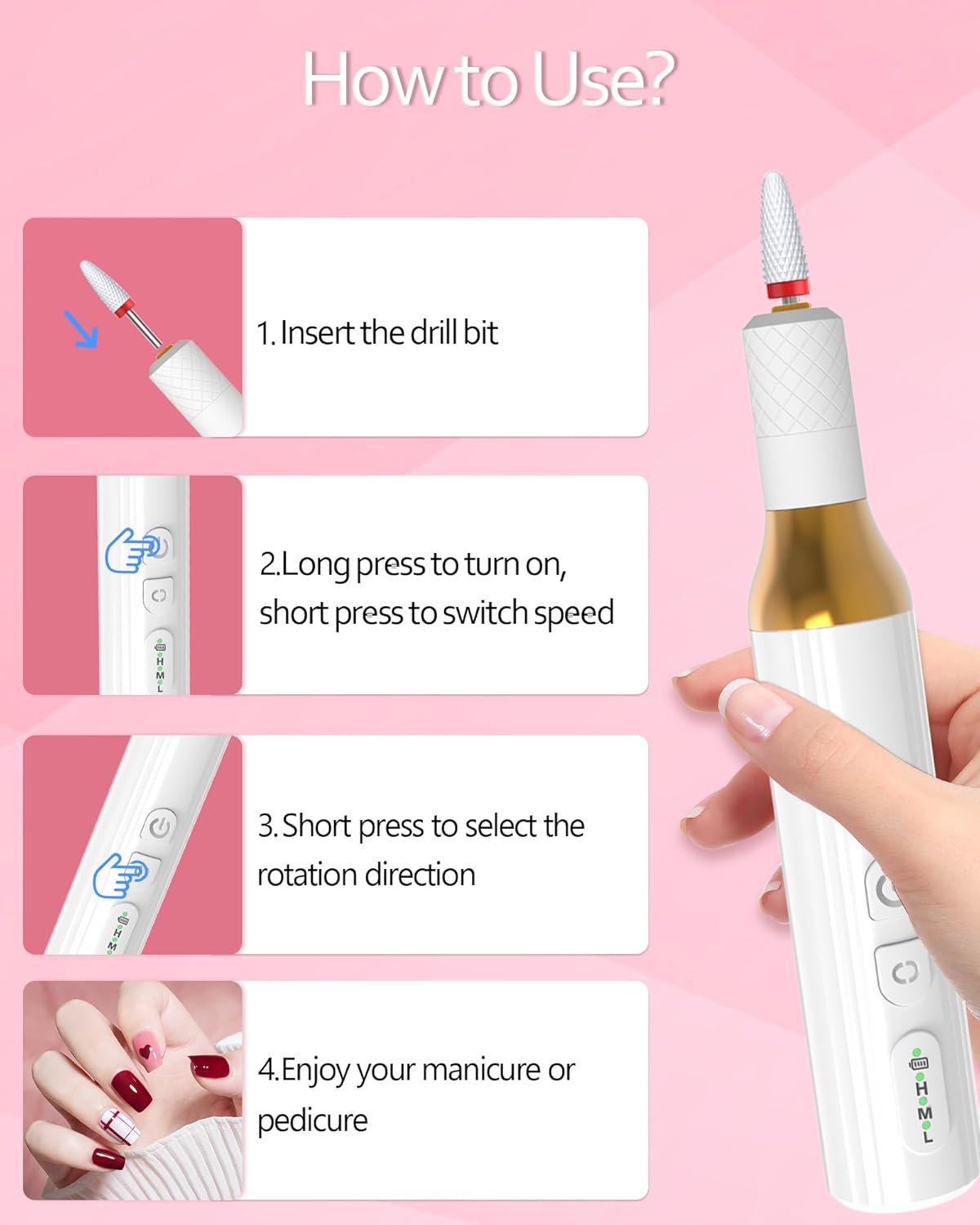 Nail Drill,Cordless Electric Files for Gel Nails E-File Manicure Kit Women Rechargeable Drill para Uñas Profesional Machine Grinder Acrylic White (M918)