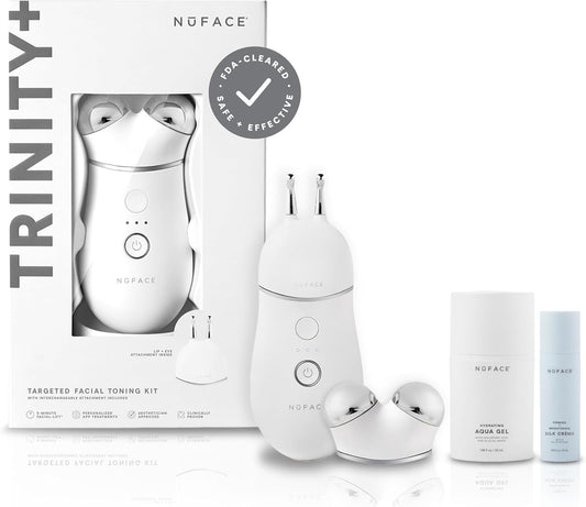NuFACE TRINITY+ Microcurrent Facial Device + Effective Lip & Eye Attachment - FDA Cleared Skin Tightening & Face Toning Device for Targeted Treatment + Microcurrent Gel Activator, Silk Crème & Brush