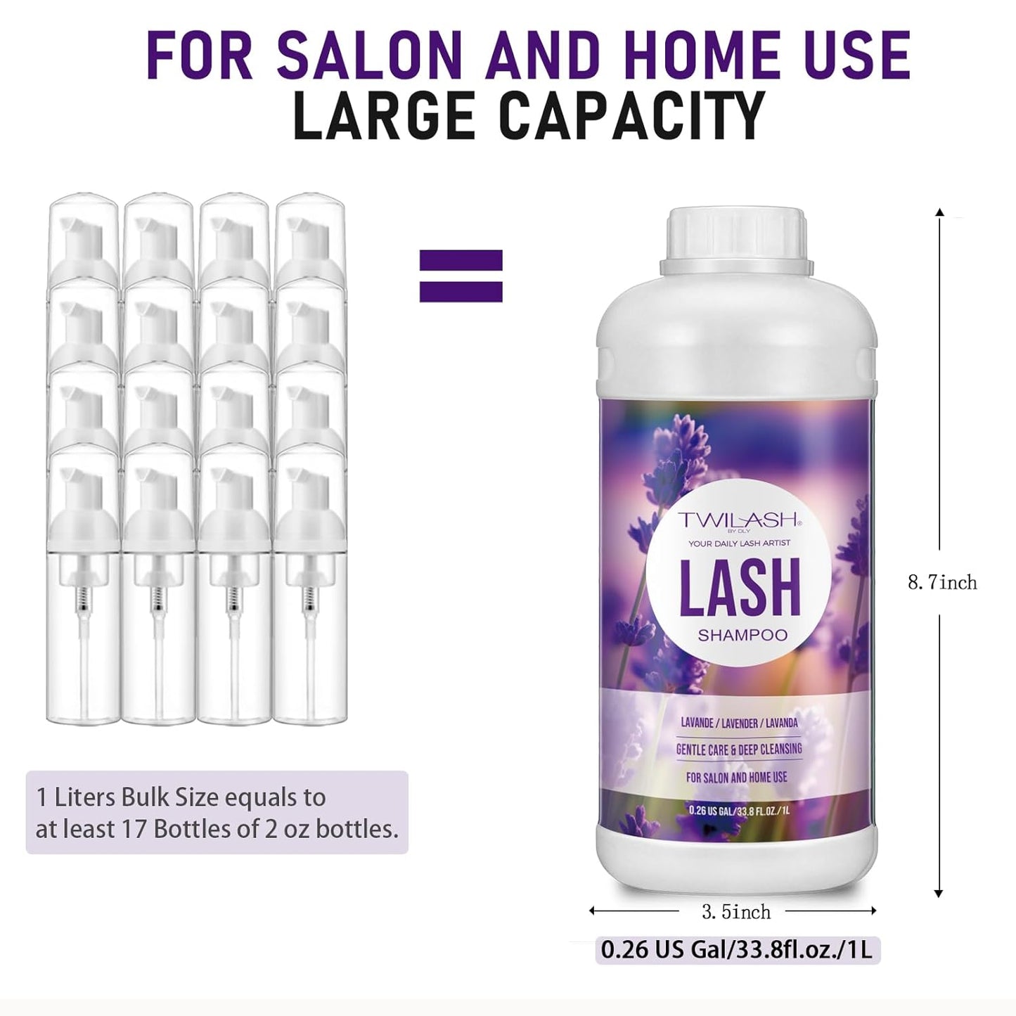 Lash Shampoo Bulk, Eyelash Cleanser for Extensions 1 Liters, Safe Makeup Remover, Non-irritating or Burning Formula Eyelid Foaming Cleanser for Professional Salon and Home Use (Lavender-1L)