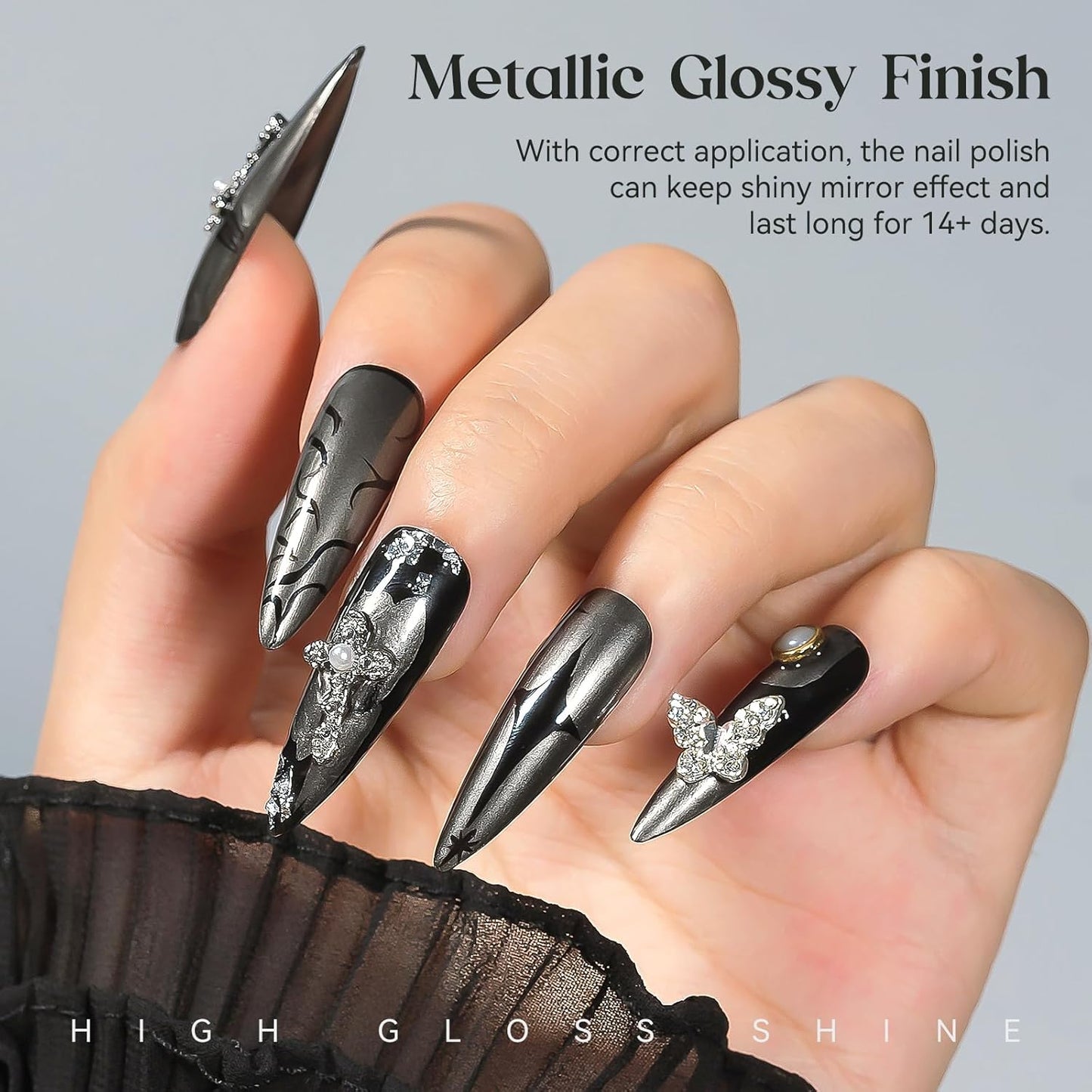 MIZHSE Dark Grey Mirror Nail Polish, Quick Dry Metallic Nail Polish, Air Dry Fast Chrome Nail Lacquer Black Oil-based Nail Art Manicure DIY Home