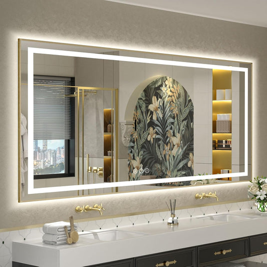 OKPAL 72x36 LED Bathroom Mirror Gold Metal Framed Front & Back Light, Lighted Bathroom Mirror with Lights, Anti-Fog, Dimmable, 3 Colors, Shatterproof, ETL Listed, Horizontal/Vertical