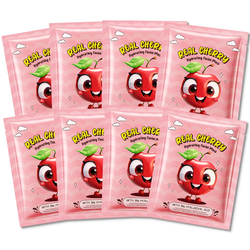 8 Pack Cherry Kids Face Mask,Pink Face Masks Skincare Spa Day Kit Supplies,Spa Party Favors for Teens Girls Women,Sheet Facial Mask Skincare Gifts Set,Moisturize Soothe for All Skin Types