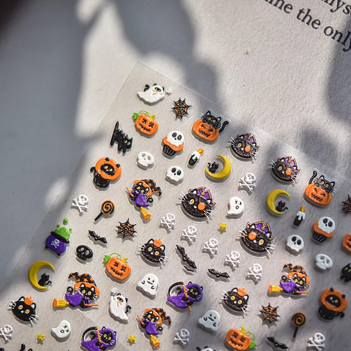 Halloween Nail Stickers Spooky and Cute Nail Decals Pumpkin Ghost Cat Skull Stickers for Nails 3D Self-Adhesive Nail Art Supplies & Decorations for Women Girls,DIY Manicure Decor 1 Sheet