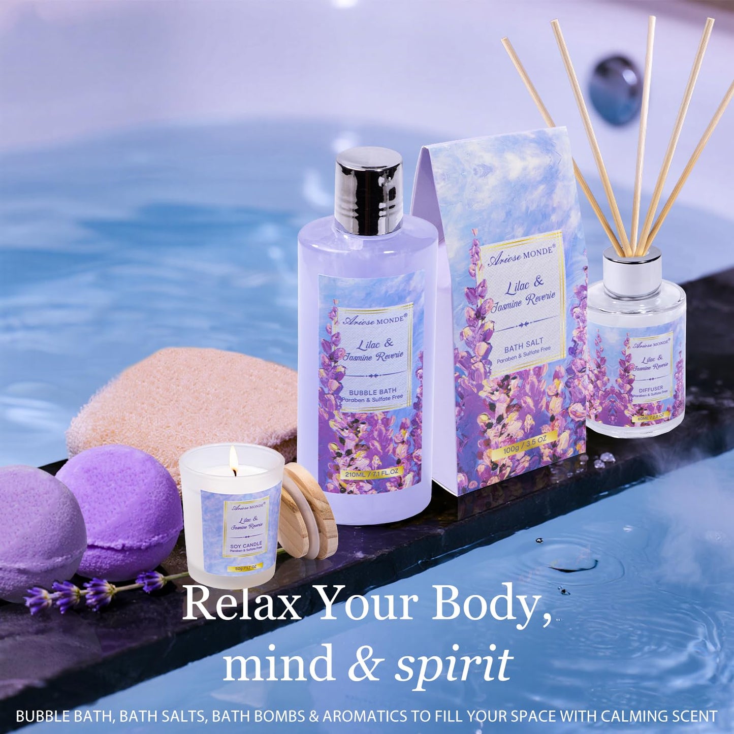 Gift baskets for women, 15Pcs Lilac Women Bath Gift Baskets w/Body Mist, Diffuser, Bath Bomb. Unique Relaxing Spa Gift Basket Set, Mothers Day Gifts for Mom Wife Grandma Daughter Friends Sister