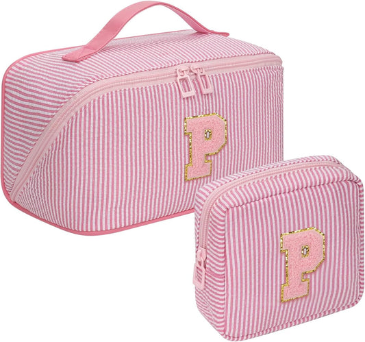 Travel Makeup Bag for Women, 2Pcs Portable Personalized Initial Makeup Organizer Bag, Open Flat Large Cosmetic Bag With Travel Essential Pouch (Pink Letter P)