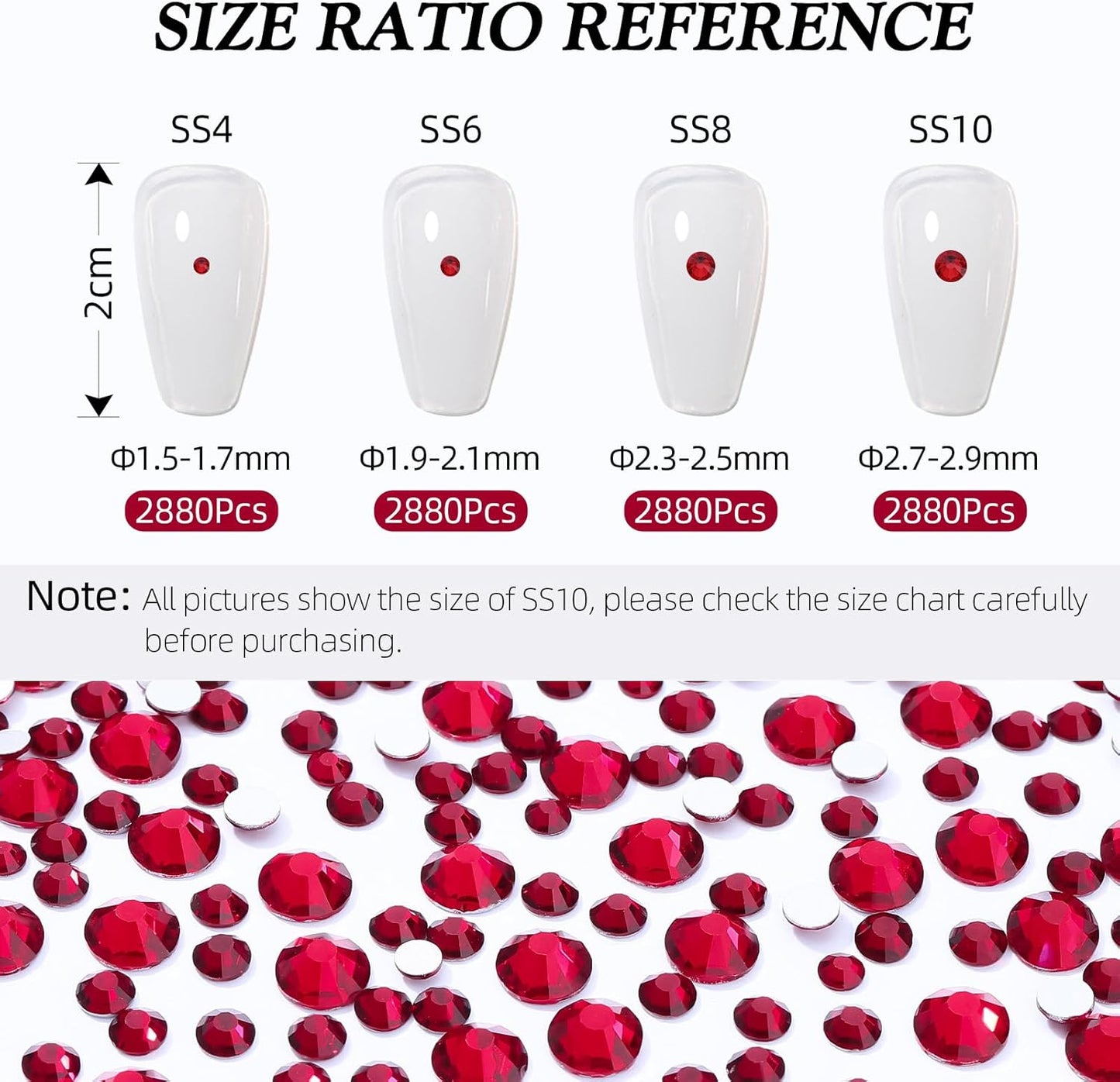 Siam Flatback Rhinestones, Glass Rhinestones for Nail Art and Craft, Glue Fix, Loose Crystal Gemstones(Siam, SS8, 2880pcs, 2.3-2.5mm)